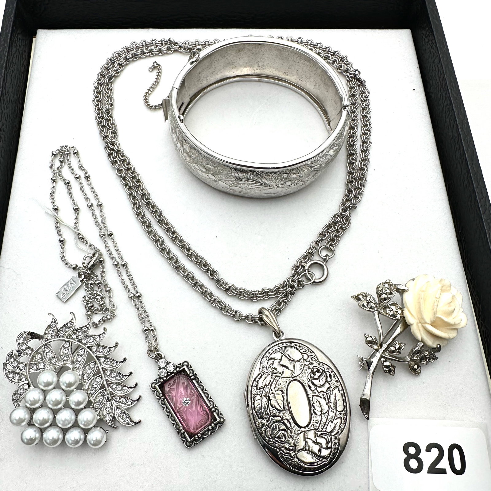 Vintage Group Jewelry Lot 1928 Necklace Silver Tone Hinged Bangle Brooches and Locket Necklace: Vintage Group Jewelry Lot 1928 Necklace Silver Tone Hinged Bangle Brooches and Locket Necklace