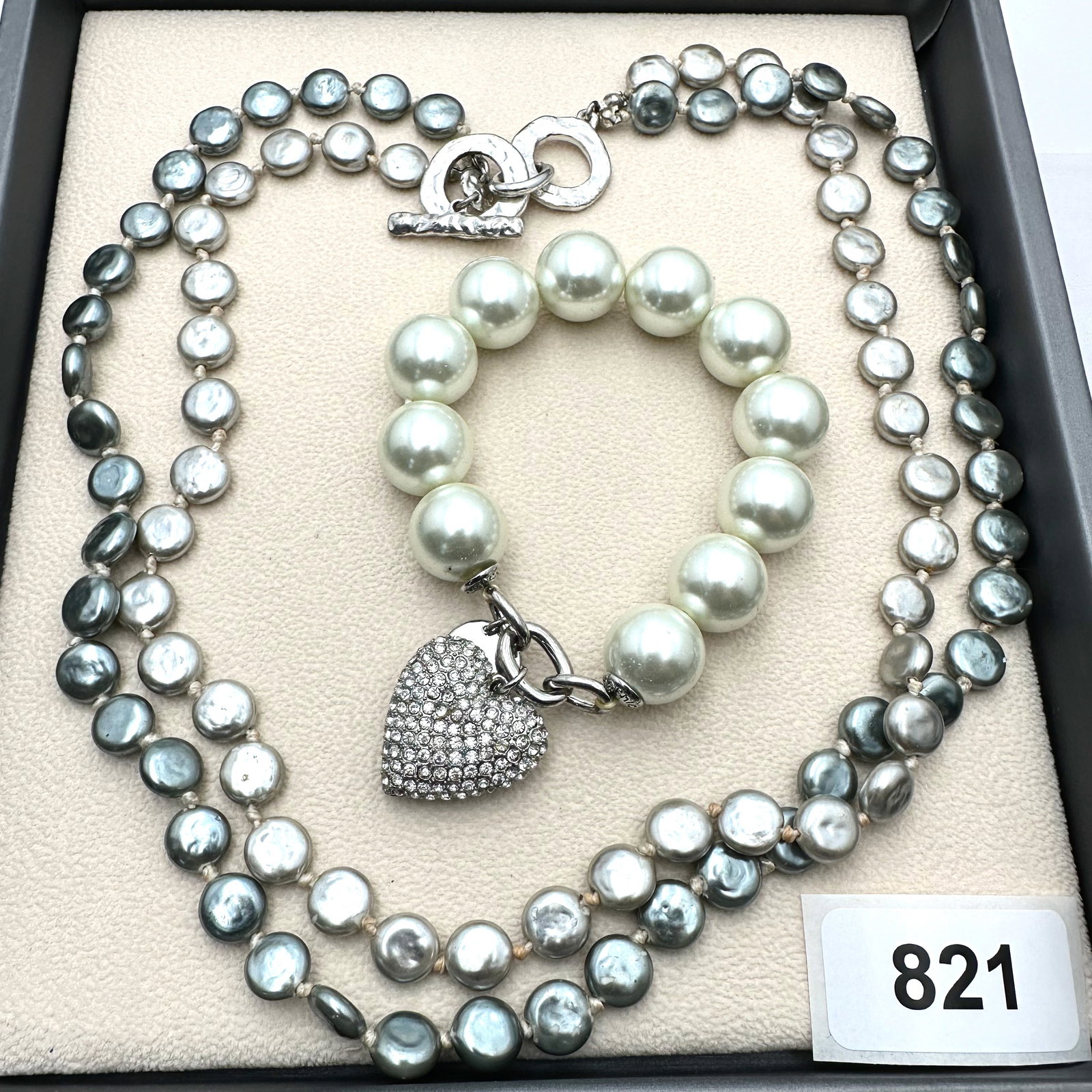 Vintage Group Jewelry Lot Freshwater Coin Pearl Necklace and Faux Pearl Crystal Heart Bracelet: Vintage Group Jewelry Lot Freshwater Coin Pearl Necklace and Faux Pearl Crystal Heart Bracelet
