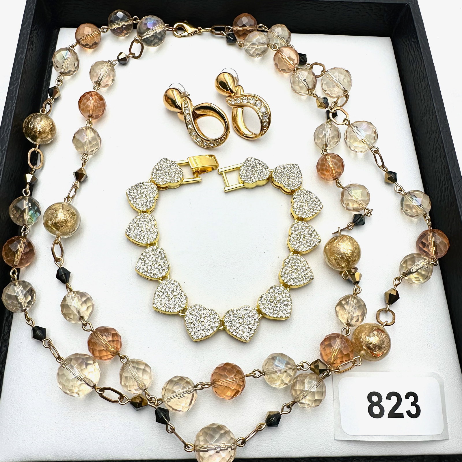 Vintage Group Jewelry Lot Art Glass And Crystal Bead Necklace Pierced Earrings Heart Bracelet (1 of 2)