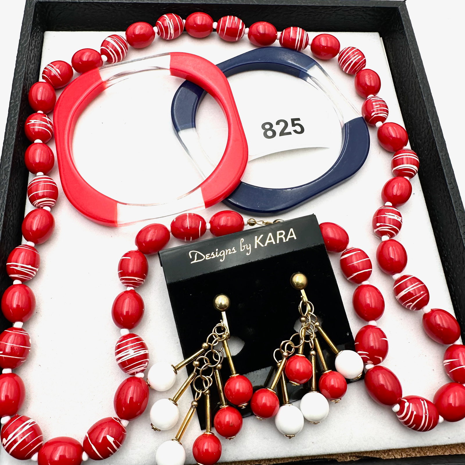 Vintage Group Jewelry Lot Red Blue Lucite Bangle Bracelet Red White Luctie Bead Necklace and Clip (1 of 2)