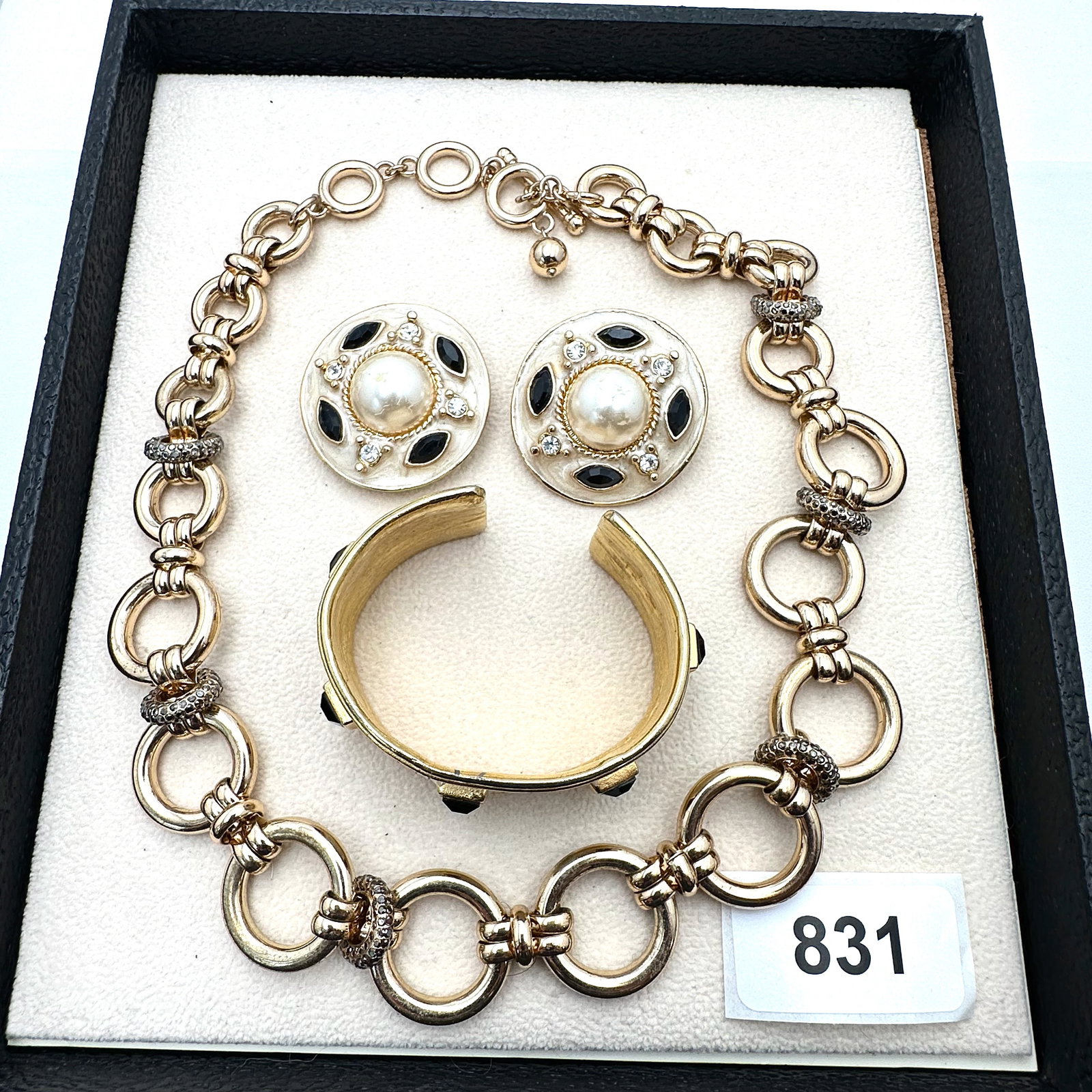 Vintage Group Jewelry Lot Off White Enamel and Black Crystal Clip Earrings Cuff Bracelet Gold Tone: Vintage Group Jewelry Lot Off White Enamel and Black Crystal Clip Earrings Cuff Bracelet Gold Tone Necklace