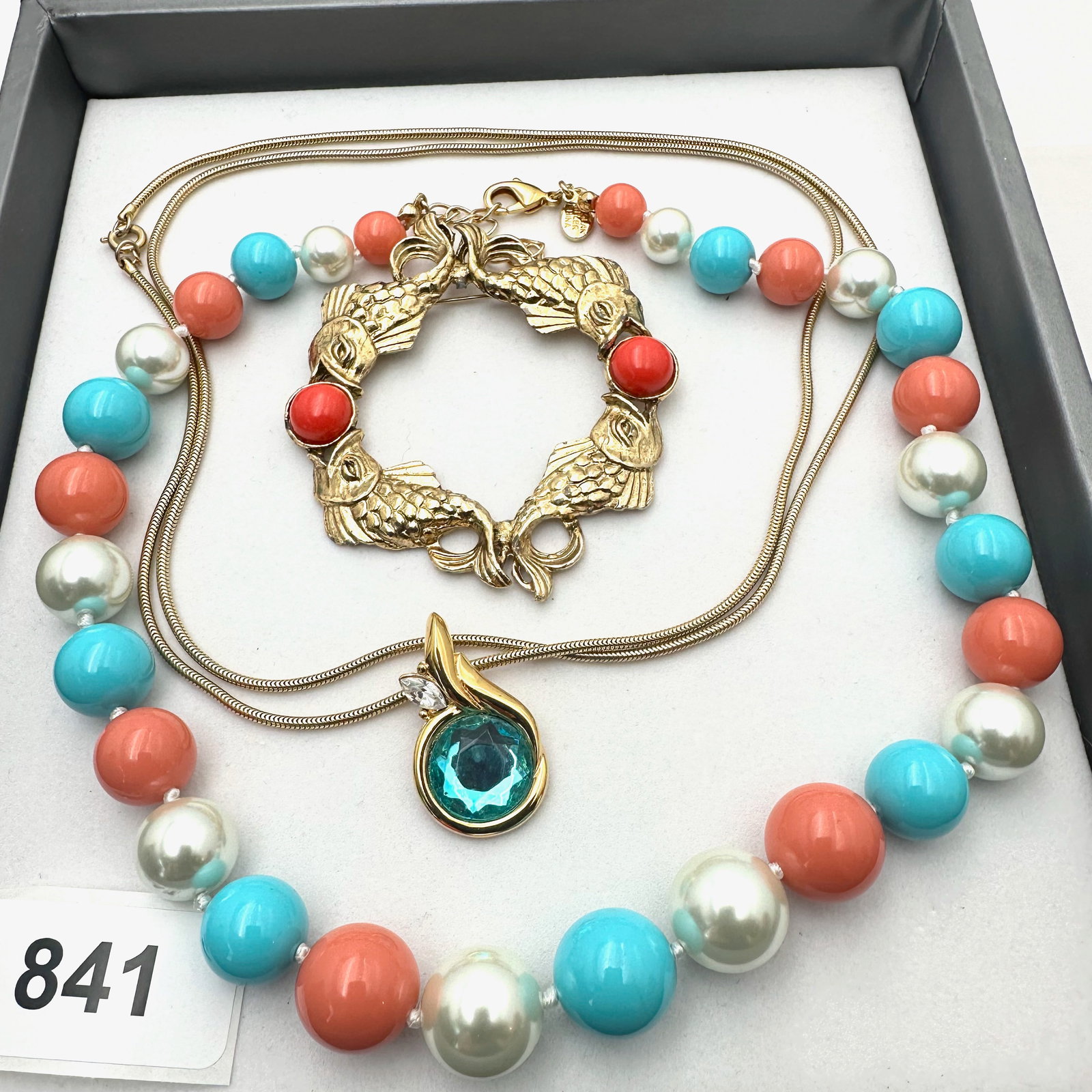 Vintage Group Jewelry Lot Nolan Miller Faux Coral Turquoise Pearl Necklace KJL Pendant Necklace Fish (1 of 2)