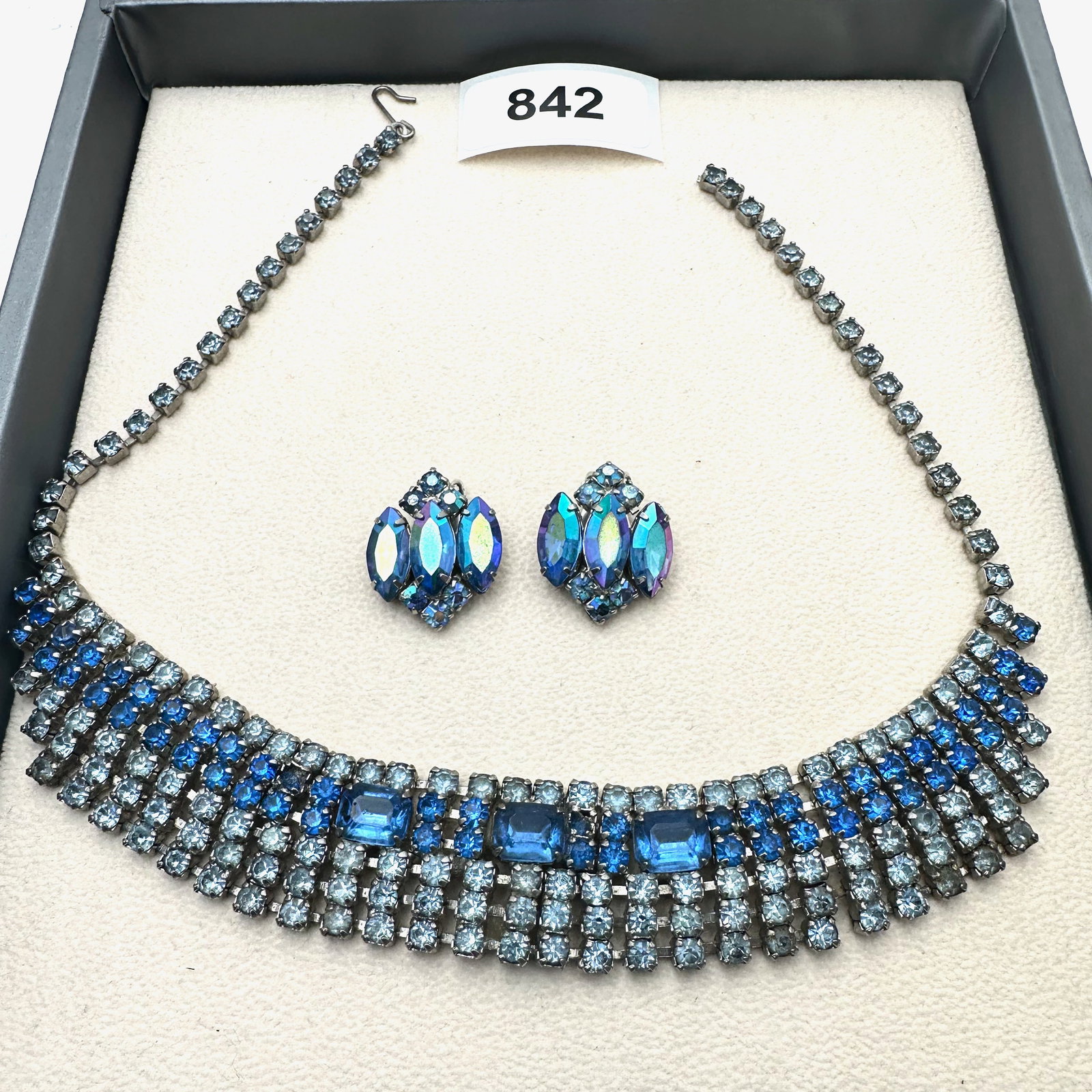 Vintage Group Jewelry Lot Blue Glass Rhinestone Silver Tone Necklace and Clip Earrings: Vintage Group Jewelry Lot Blue Glass Rhinestone Silver Tone Necklace and Clip Earrings