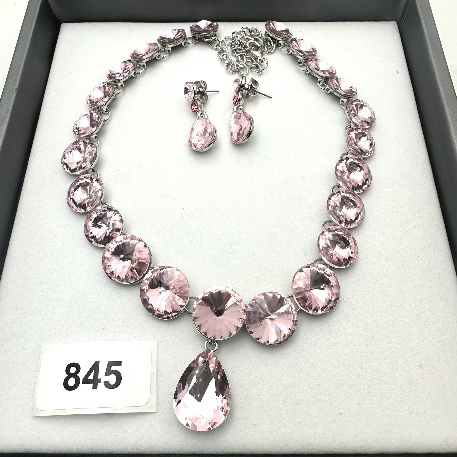 Pink Crystal Silver Tone Statement Necklace and Pierced Chandelier Earrings: Pink Crystal Silver Tone Statement Necklace and Pierced Chandelier Earrings