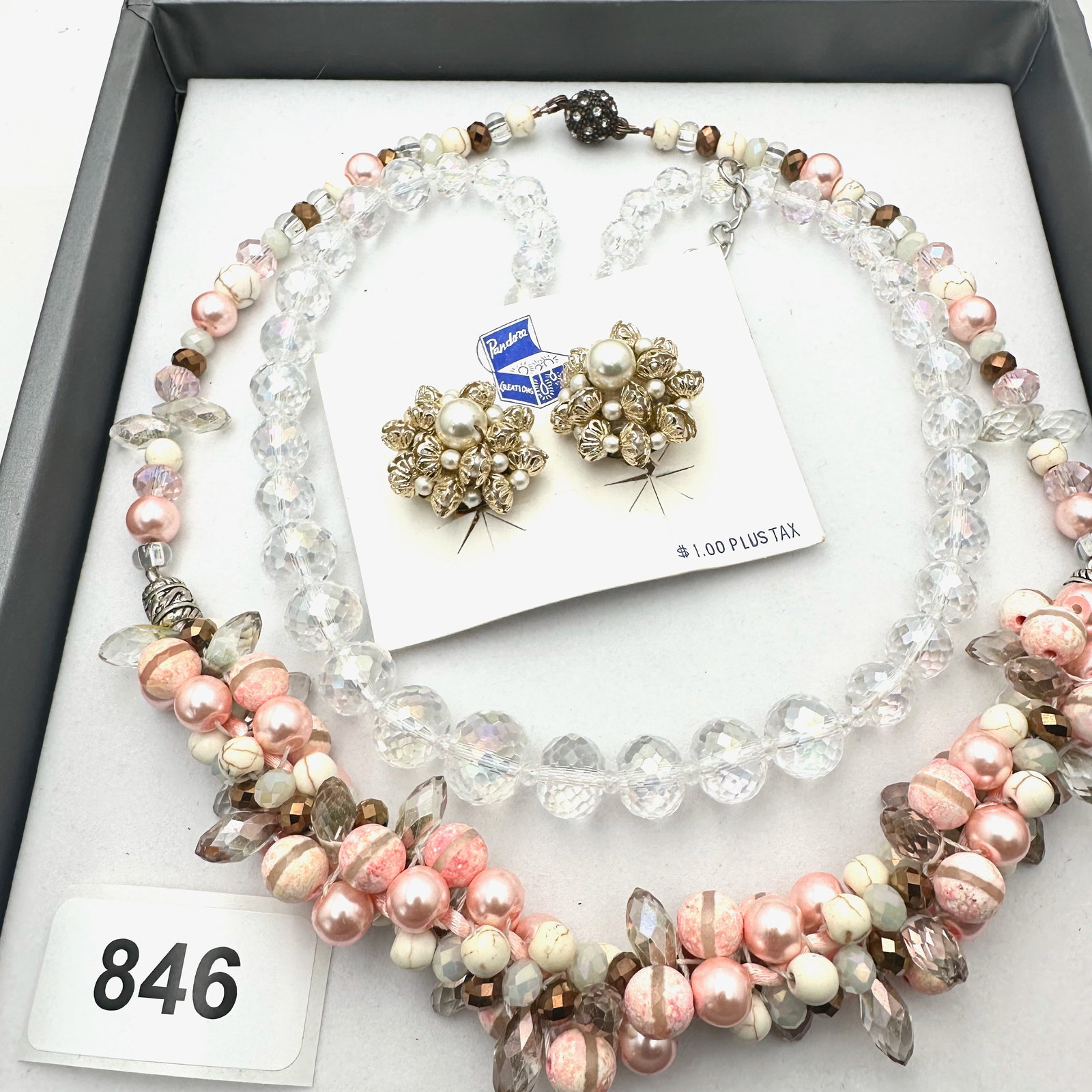 Vintage Group Jewelry Lot Pink Aurora Borealis Glass Bead Necklace Clip Earrings Original Card: Vintage Group Jewelry Lot Pink Aurora Borealis Glass Bead Necklace Clip Earrings Original Card