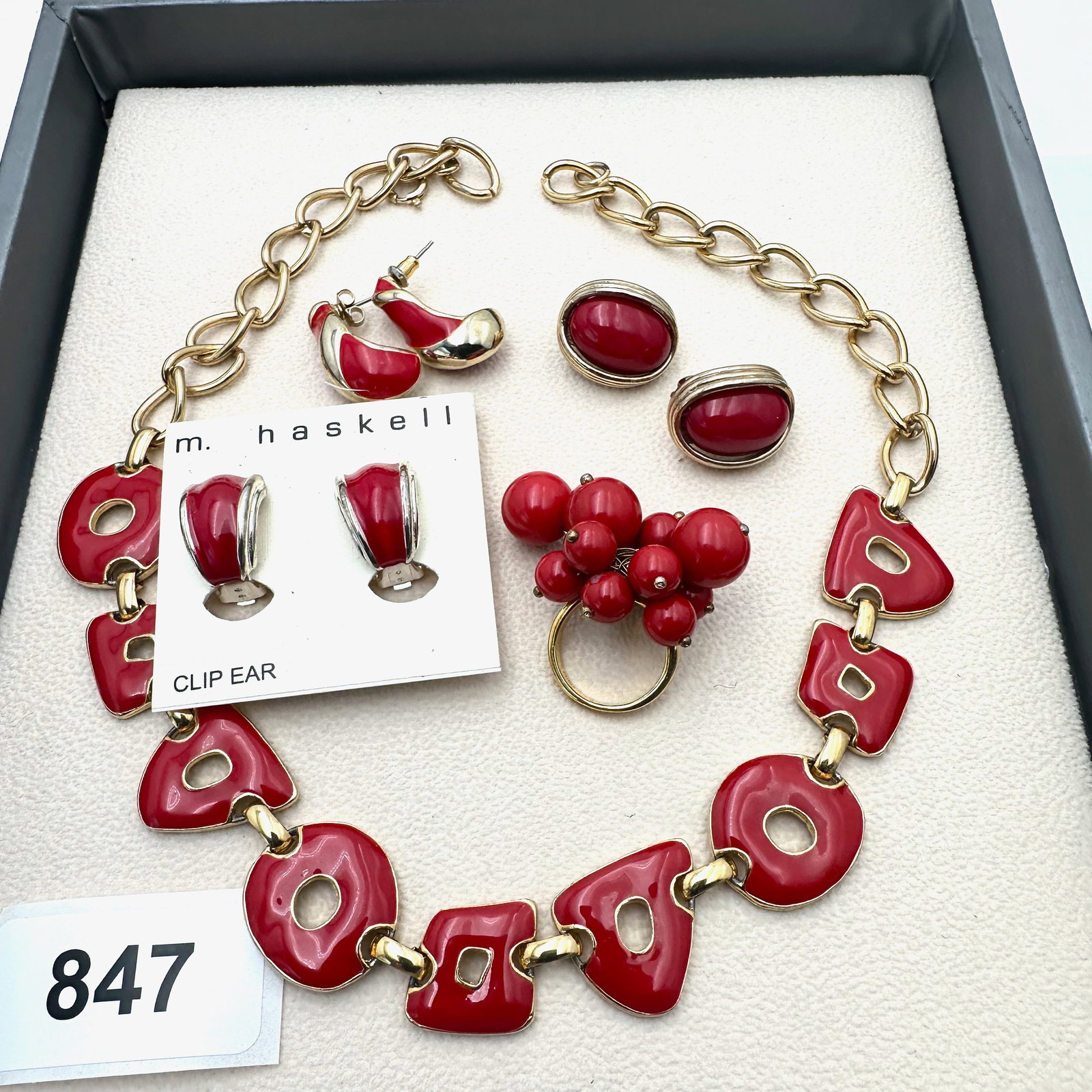 Vintage Group Jewelry Lot Red Enamel Gold Tone Necklace Coordinating Earrings and Ring: Vintage Group Jewelry Lot Red Enamel Gold Tone Necklace Coordinating Earrings and Ring