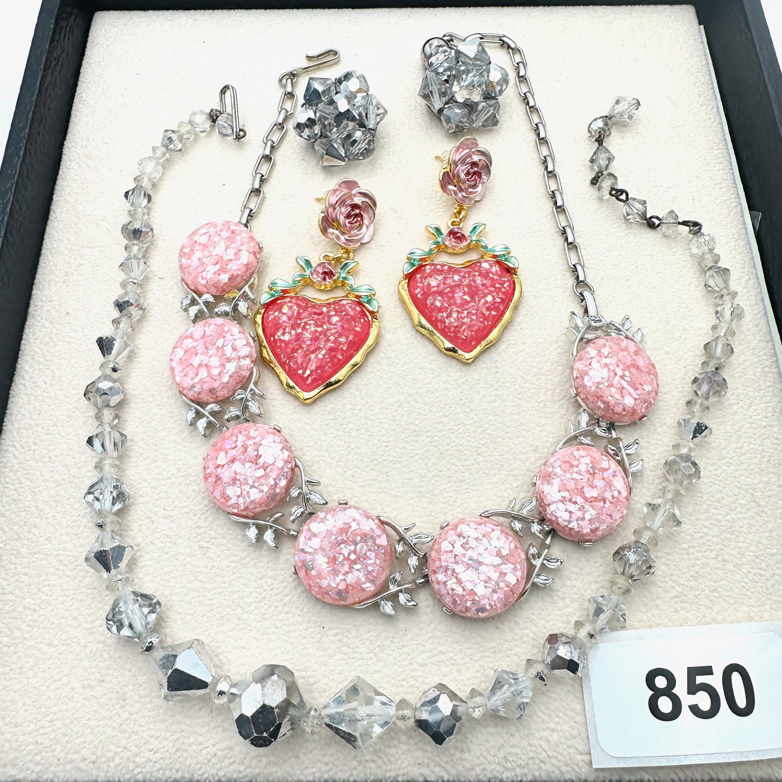 Vintage Group Jewelry Lot Pink Confetti Lucite Necklace Aurora Borealis Necklace Clip Earrings (1 of 2)