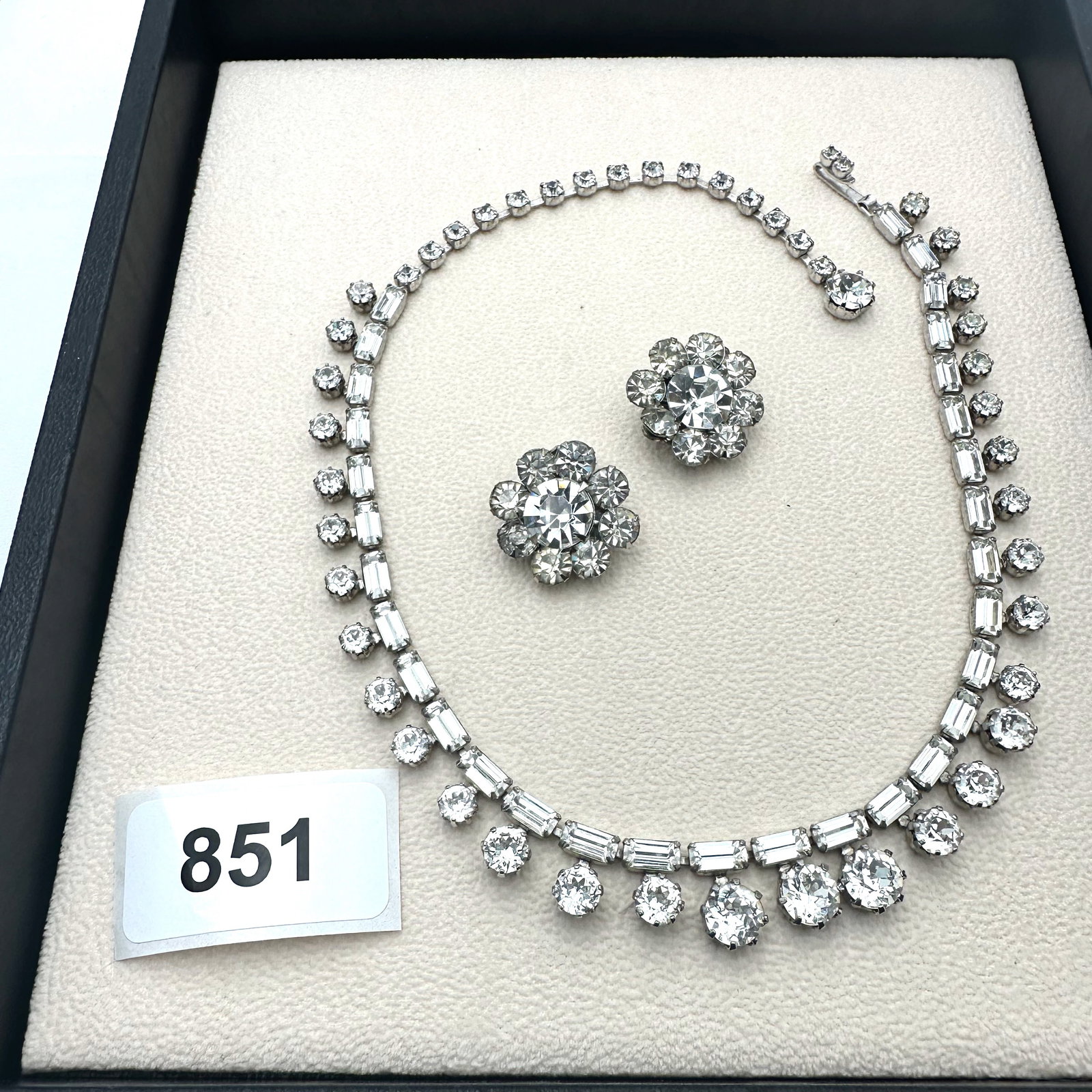 Vintage Fenichel Clear Rhinestone Silver Tone Necklace and Clip Earrings: Vintage Fenichel Clear Rhinestone Silver Tone Necklace and Clip Earrings