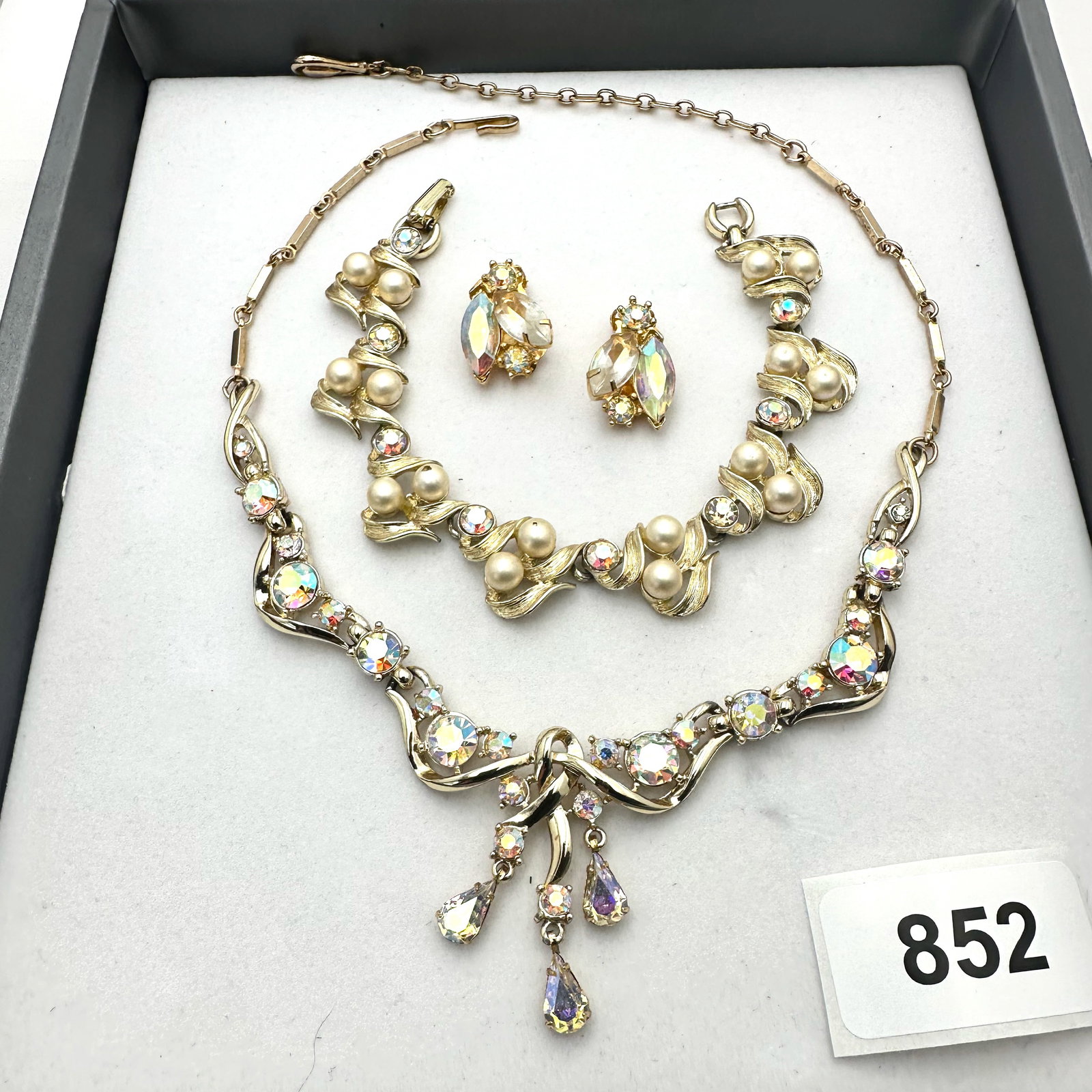 Vintage Group Jewelry Lot Aurora Borealis Rhinestone Gold Tone Necklace Coordinating Bracelet Clip (1 of 2)