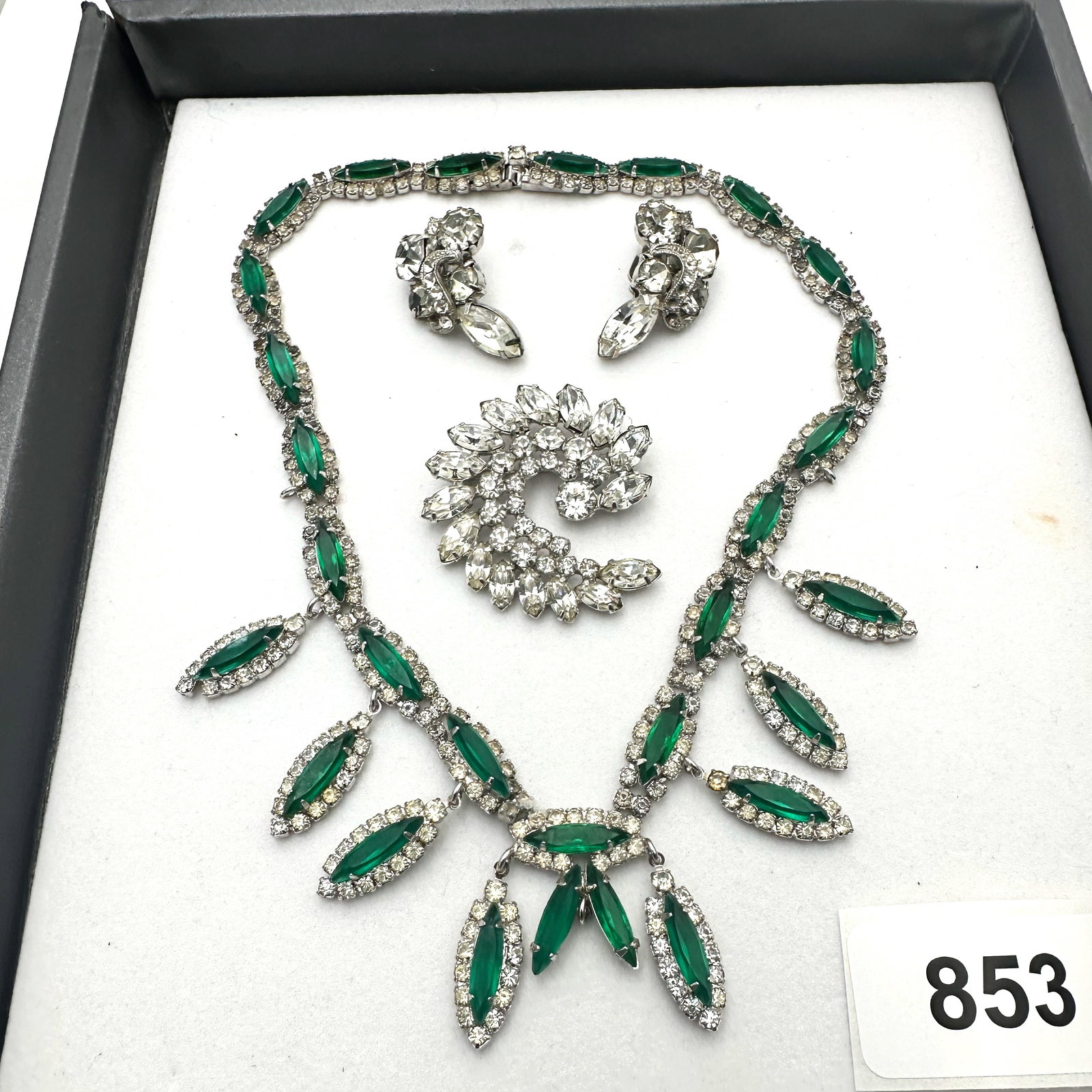 Vintage Group Jewelry Lot Kramer New York Green Rhinestone Necklace B David Brooch Unsigned Earrings (1 of 2)