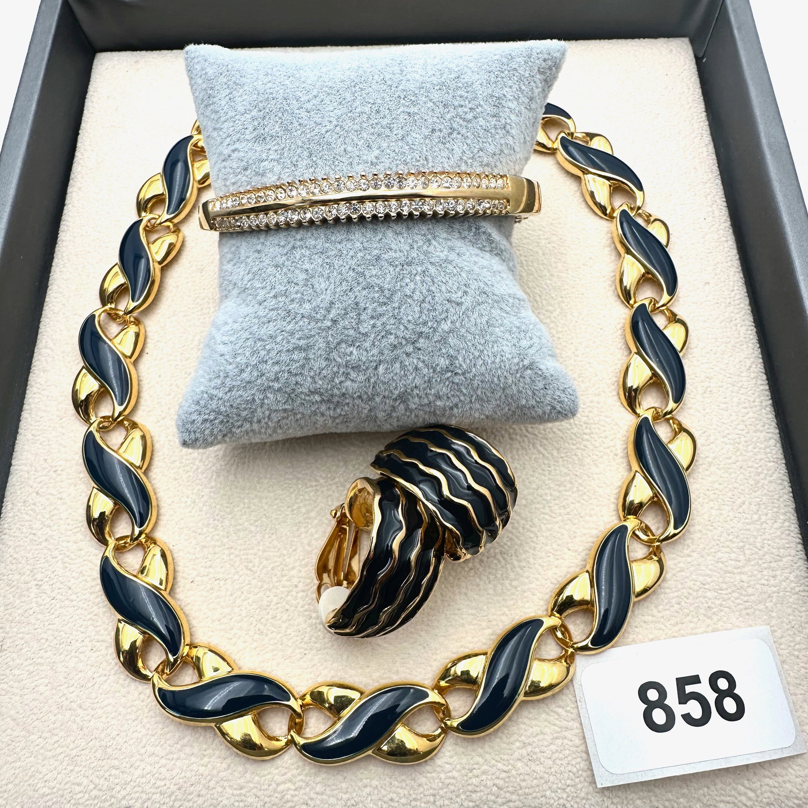 Vintage Group Jewelry Lot Gold Tone Blue Enamel Necklace Clip Earrings and Crystal Hinged Bracelet: Vintage Group Jewelry Lot Gold Tone Blue Enamel Necklace Clip Earrings and Crystal Hinged Bracelet