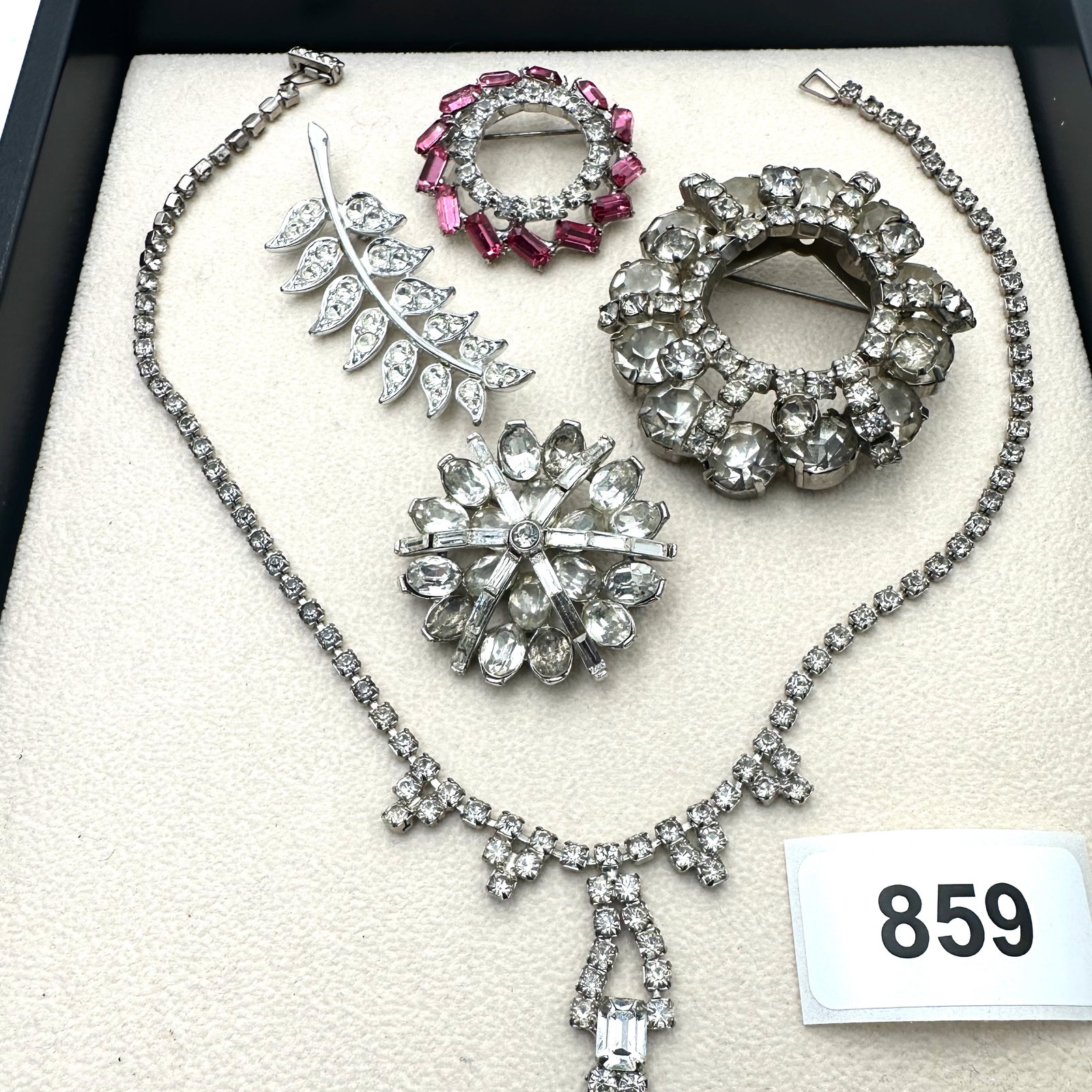 Vintage Group Jewelry Lot Clear and Pink Rhinestone Brooches and Necklace: Vintage Group Jewelry Lot Clear and Pink Rhinestone Brooches and Necklace