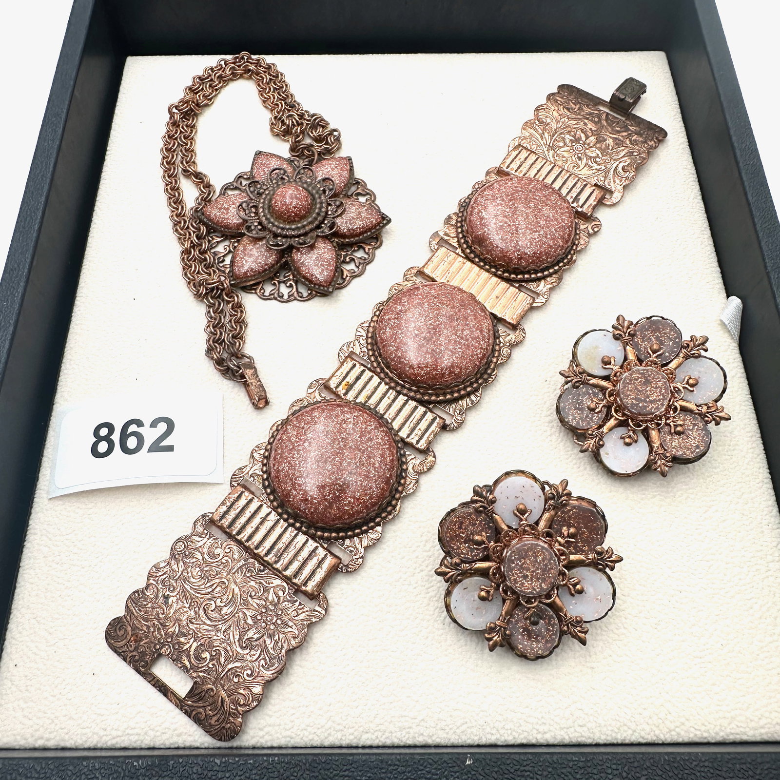 Vintage Copper and Confetti Lucite Wide Bracelet Pendant Necklace and Clip Earrings: Vintage Copper and Confetti Lucite Wide Bracelet Pendant Necklace and Clip Earrings