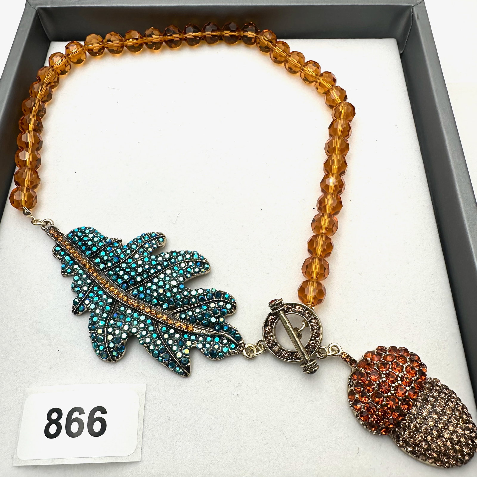 Fall Acorn and Leaf Crystal and Glass Bead Pendant Necklace Gold Tone: Fall Acorn and Leaf Crystal and Glass Bead Pendant Necklace Gold Tone