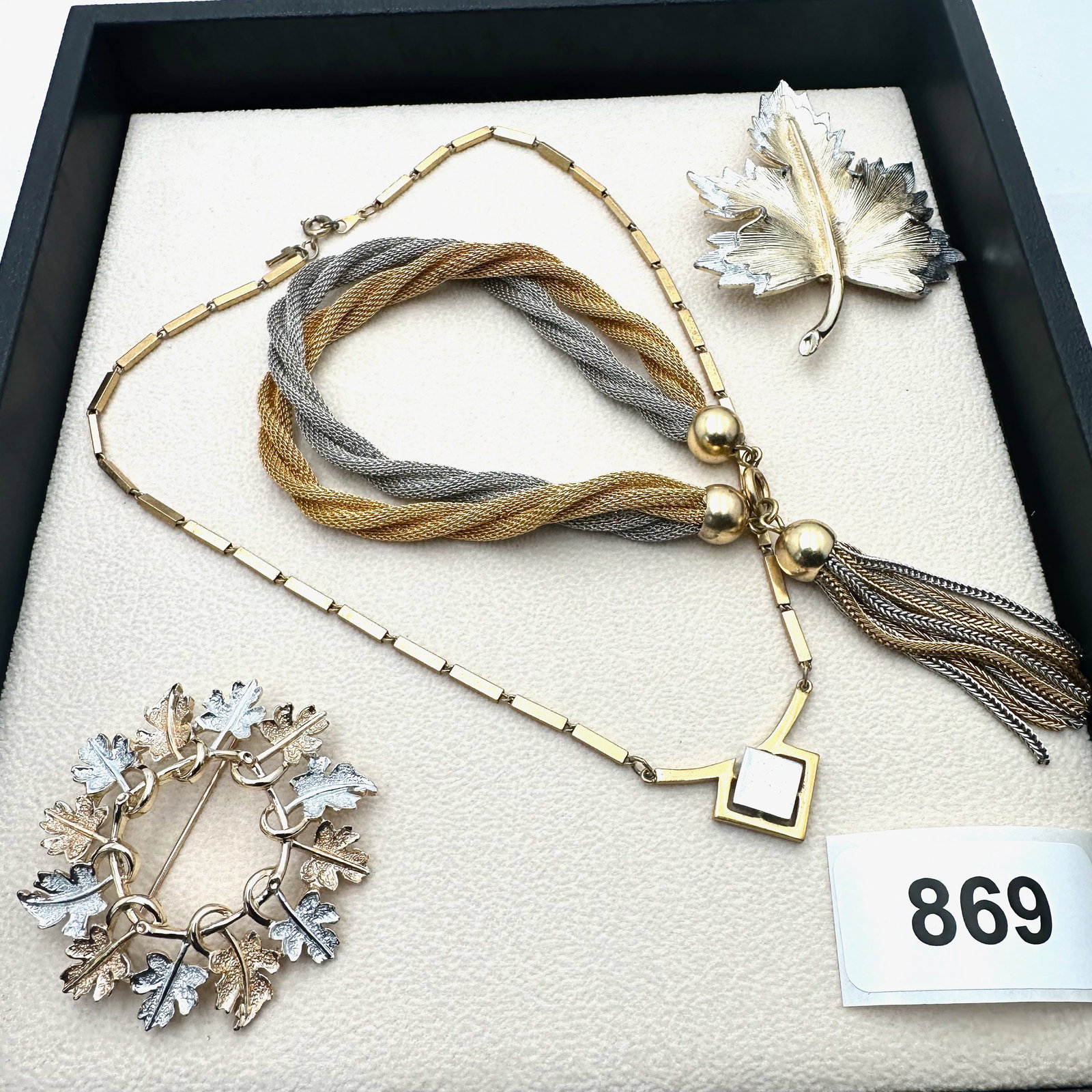 Vintage Group Jewelry Lot Gold and Silver Tone Bracelet Trifari Necklace and Leaf Brooches: Vintage Group Jewelry Lot Gold and Silver Tone Bracelet Trifari Necklace and Leaf Brooches
