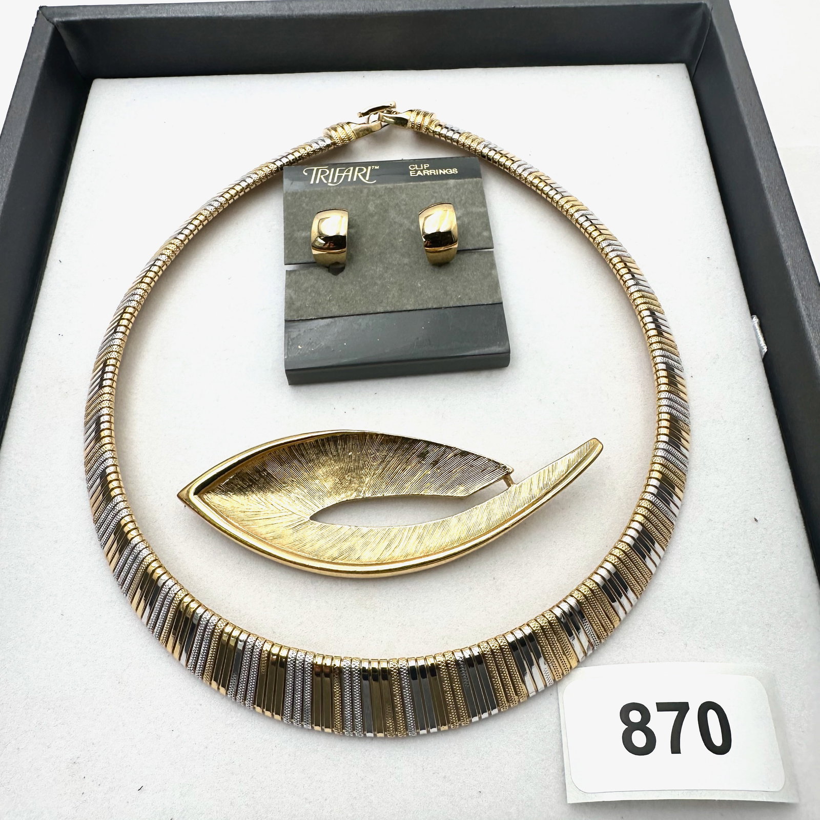 Vintage Group Jewelry Lot Trifari Gold and Silver Tone Omega Necklace Clip Earrings and Brooch: Vintage Group Jewelry Lot Trifari Gold and Silver Tone Omega Necklace Clip Earrings and Brooch