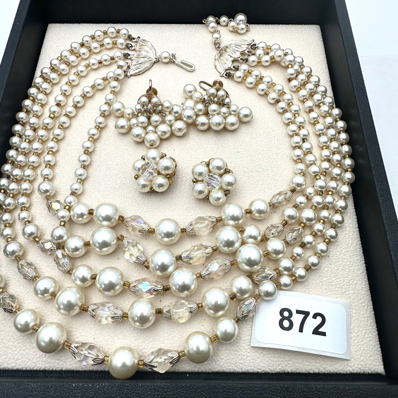 Vintage Group Jewelry Lot Four Strand Faux Pearl and Crystal Necklace and Coordinating Earrings: Vintage Group Jewelry Lot Four Strand Faux Pearl and Crystal Necklace and Coordinating Earrings