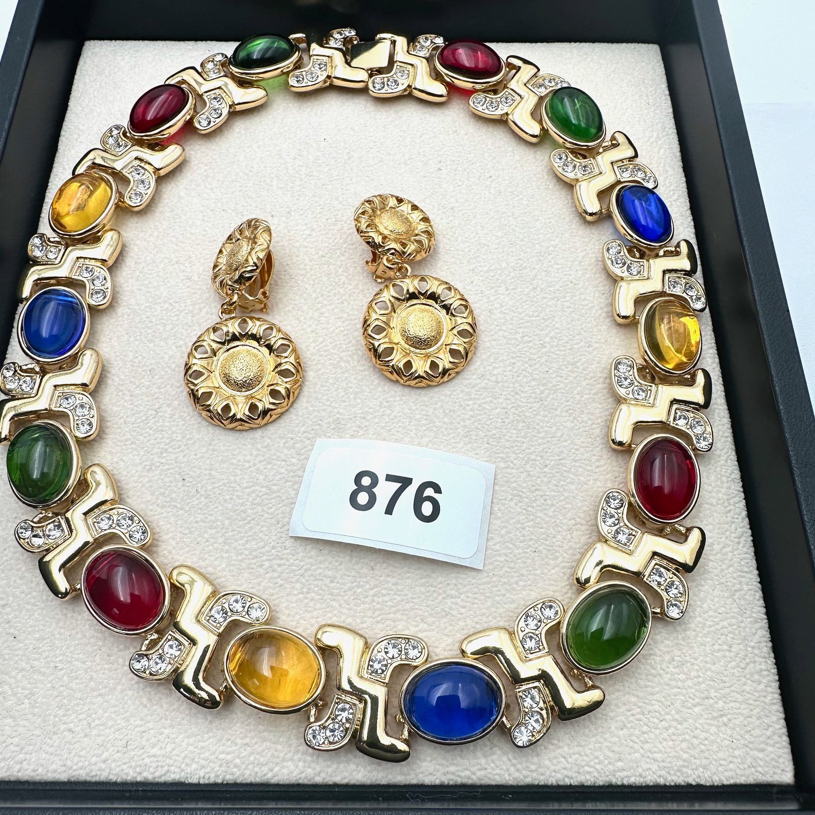 Jewel Tone Glass Cabochon Gold Tone Statement Necklace and Clip Earrings Heavy Quality Made: Jewel Tone Glass Cabochon Gold Tone Statement Necklace and Clip Earrings Heavy Quality Made