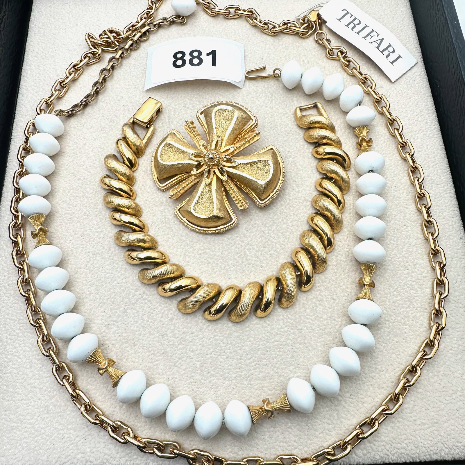 Vintage Group Jewelry Lot Trifari Necklace Napier Bracelet Maltese Cross Brooch Pin White Bead: Vintage Group Jewelry Lot Trifari Necklace Napier Bracelet Maltese Cross Brooch Pin White Bead Necklace