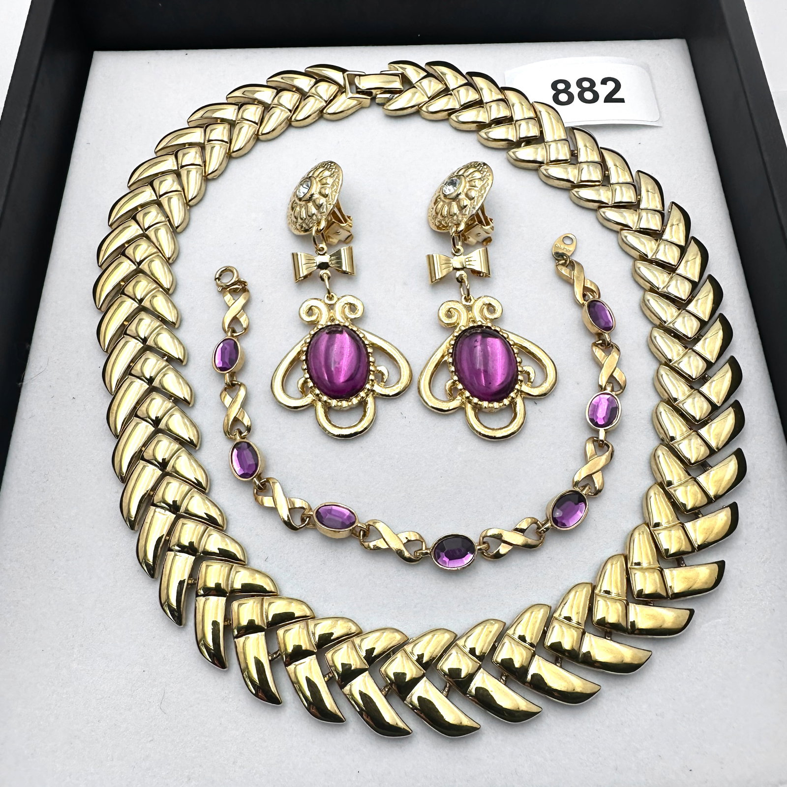 Vintage Group Jewelry Lot Heavy Gold Tone Choker Necklace Purple Crystal Bracelet and Clip: Vintage Group Jewelry Lot Heavy Gold Tone Choker Necklace Purple Crystal Bracelet and Clip Chandelier Earrings