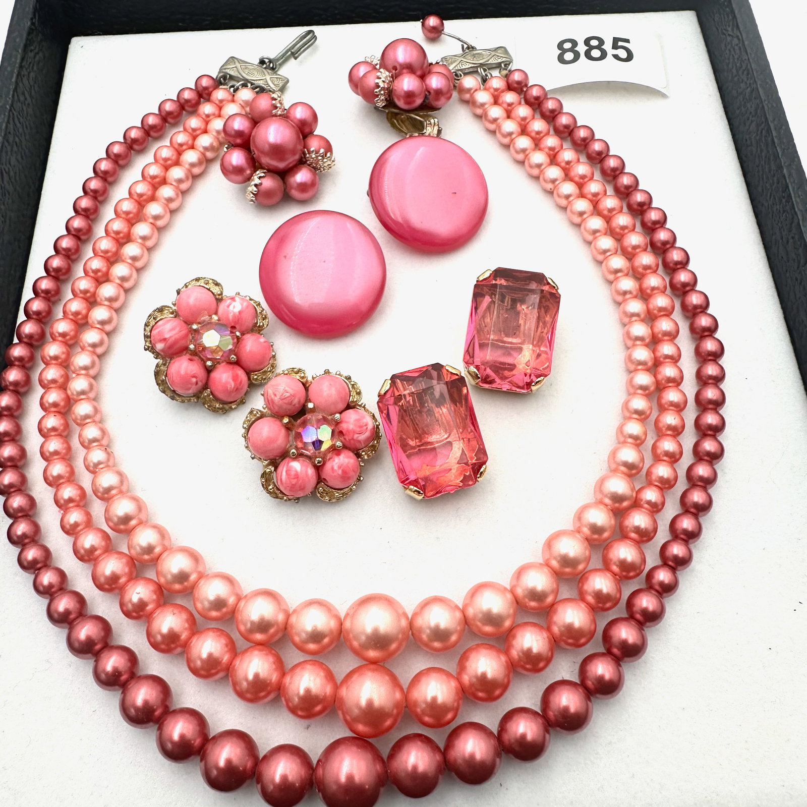 Vintage Group Jewelry Lot Pink Mid Century Necklace and Coordinating Earrings (1 of 2)