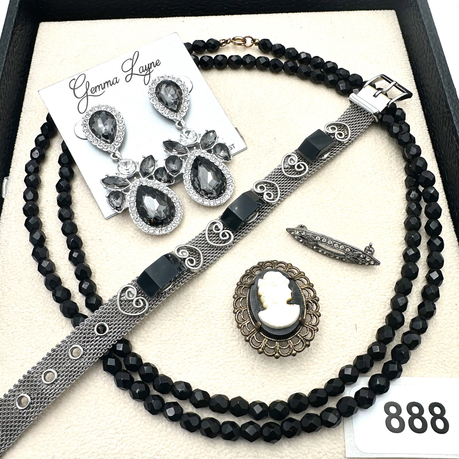 Vintage Group Jewelry Lot Black Glass Bead Necklace Silver Tone Bracelet Cameo Brooch and Pierced: Vintage Group Jewelry Lot Black Glass Bead Necklace Silver Tone Bracelet Cameo Brooch and Pierced Earrings