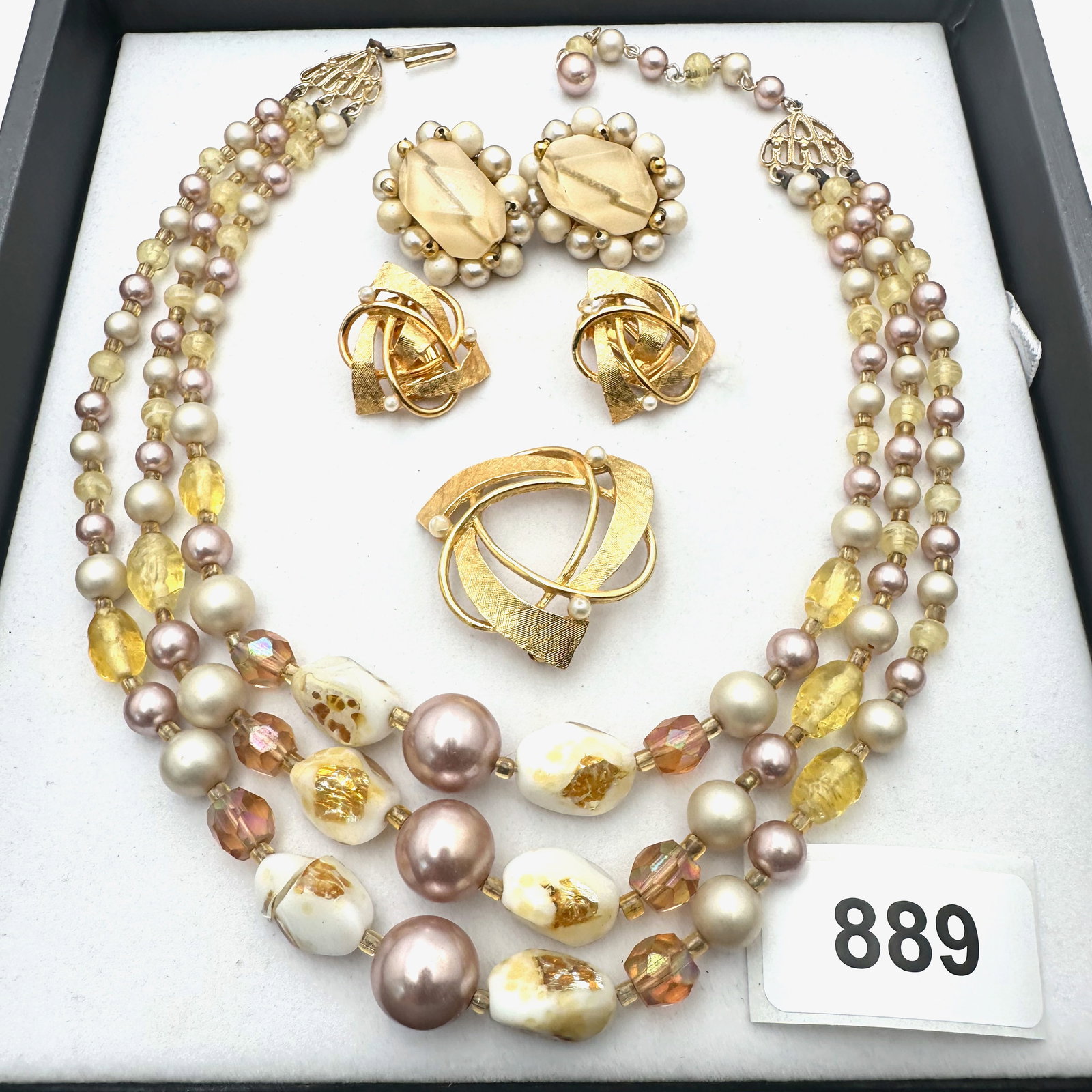 Vintage Group Jewelry Lot Art Glass Triple Strand Necklace Earrings & Gold Tone Brooch Earrings Set (1 of 2)