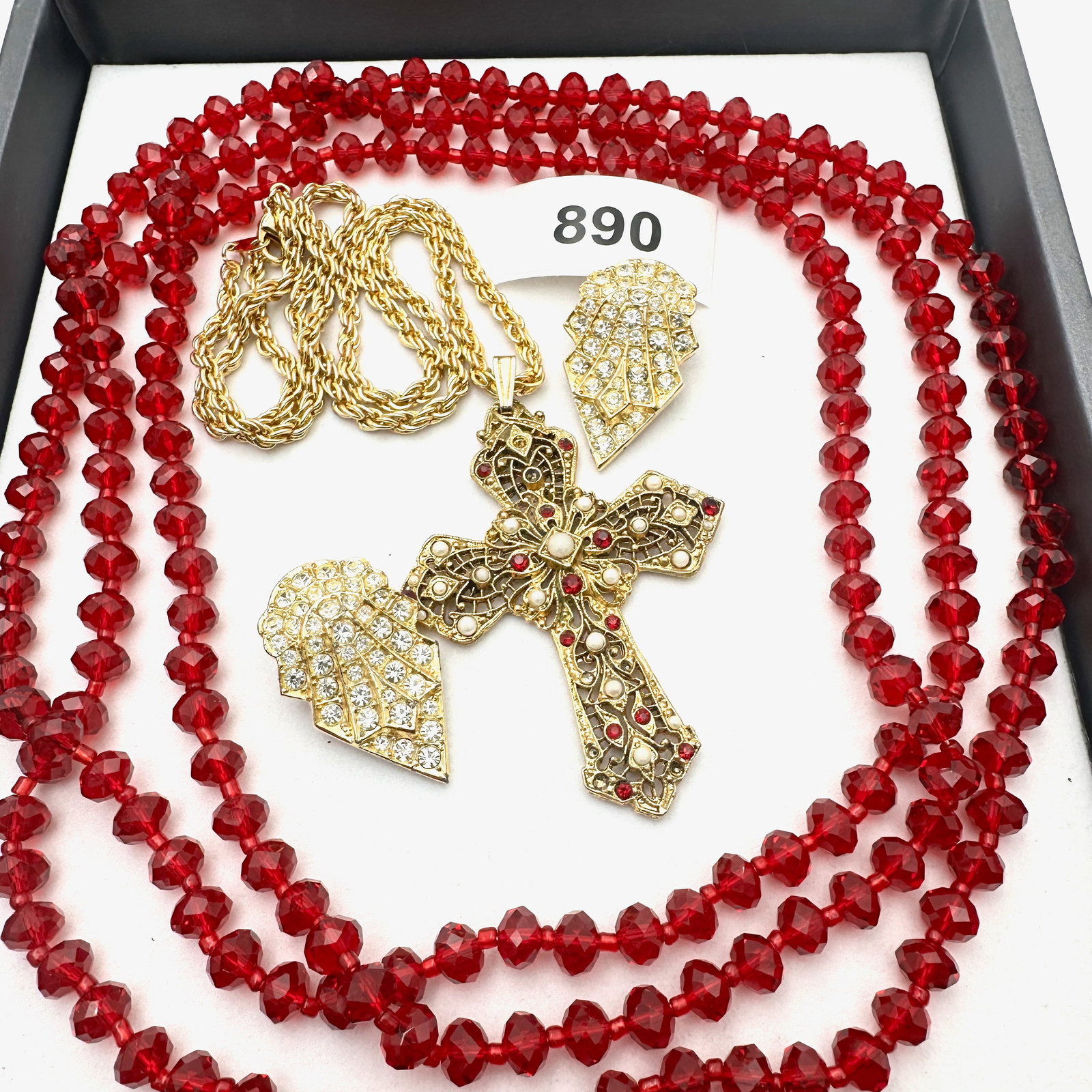 Vintage Group Jewelry Lot Red Glass Bead Necklace Gold Tone Cross Necklace Clip Earrings (1 of 2)
