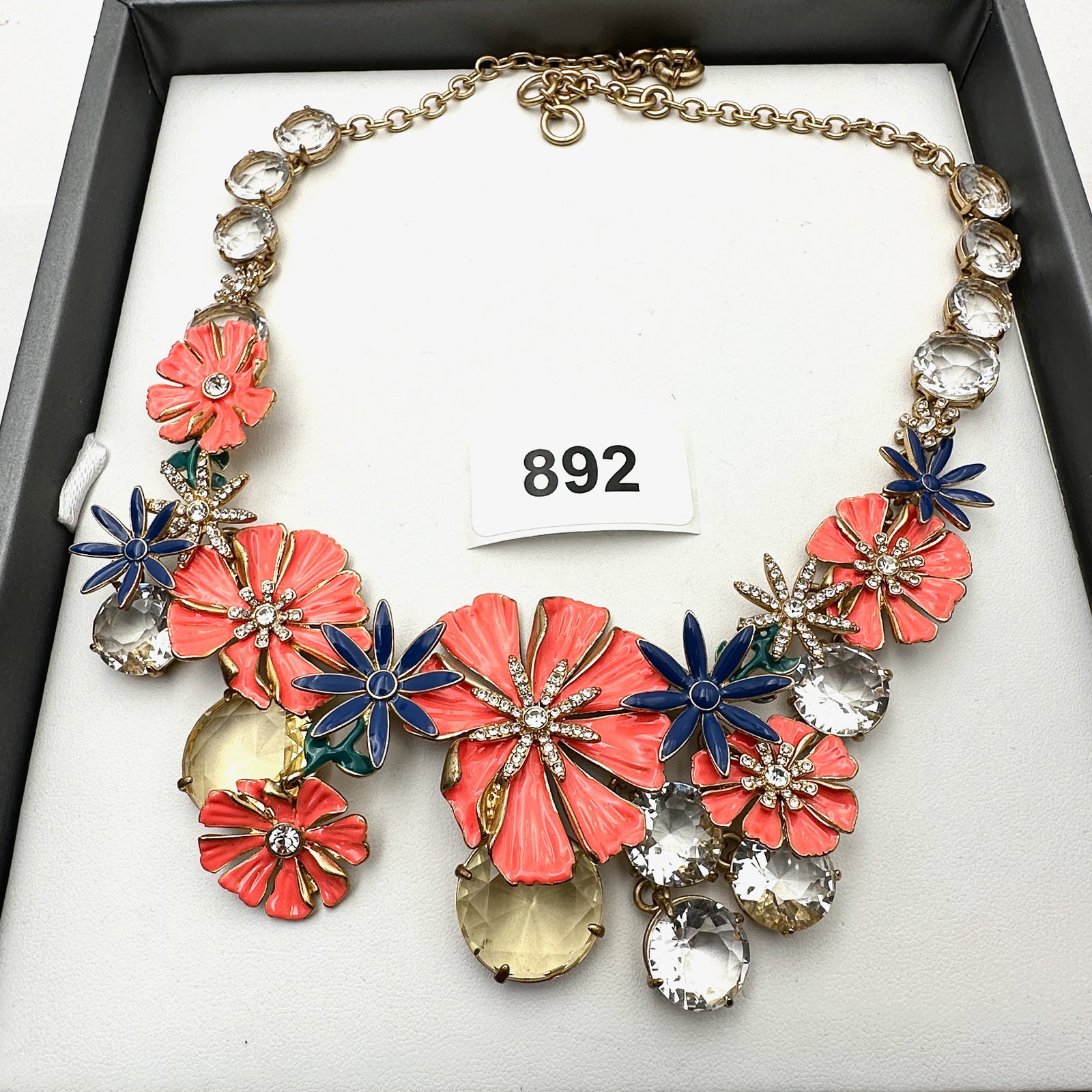 Coral Pink and Blue Enamel Flower Necklace Crystals Gold Tone Statement Necklace: Coral Pink and Blue Enamel Flower Necklace Crystals Gold Tone Statement Necklace