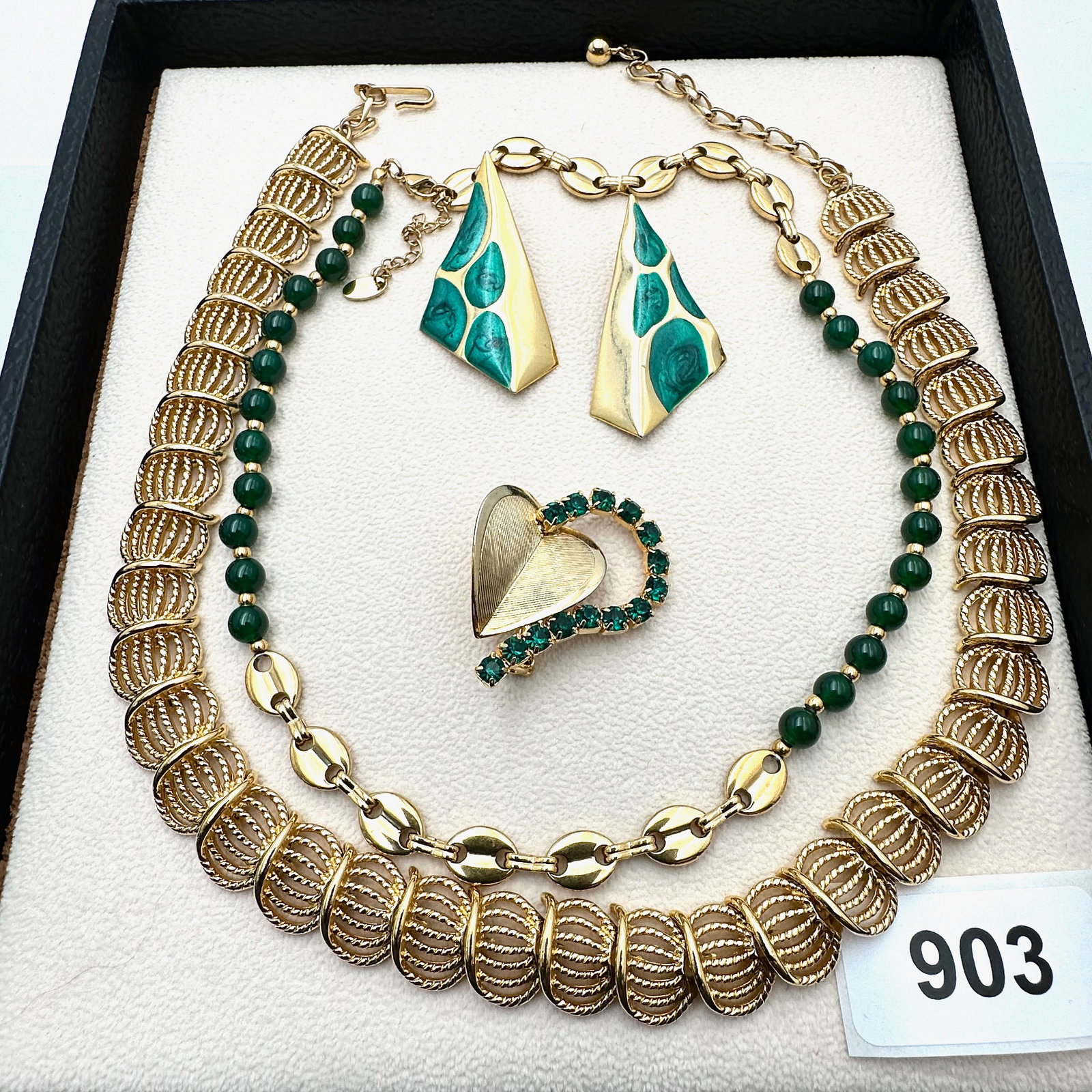 Vintage Group Jewelry Lot Green Enamel Earrings Brooch and Gold Tone Necklaces: Vintage Group Jewelry Lot Green Enamel Earrings Brooch and Gold Tone Necklaces