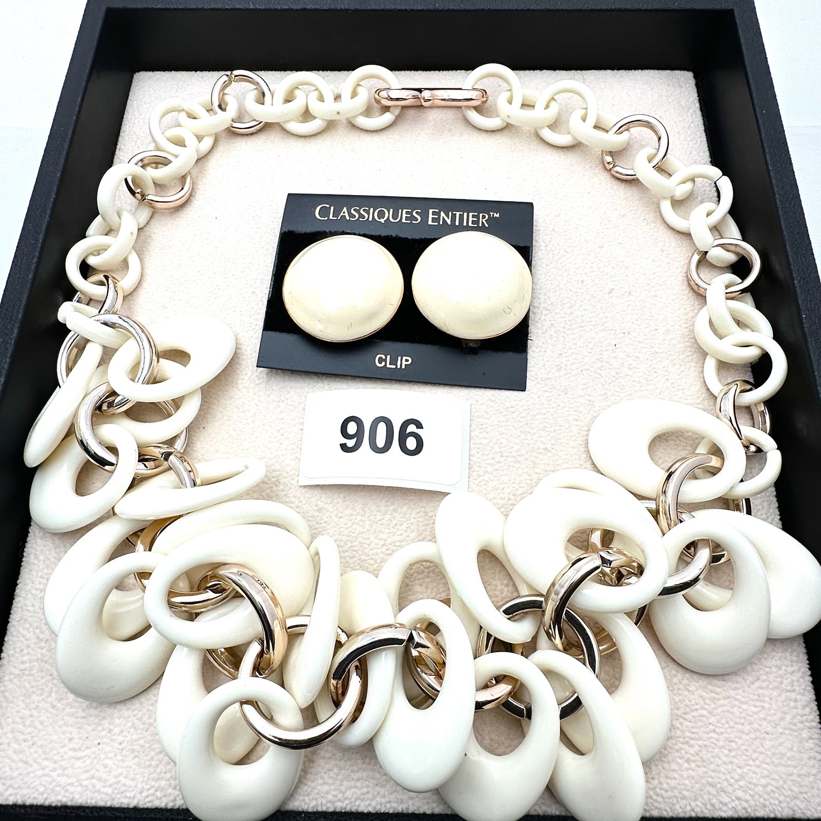 Vintage Group Jewelry Lot Off White Enamel Clip Earrings and Coordinating Lucite Necklace (1 of 2)