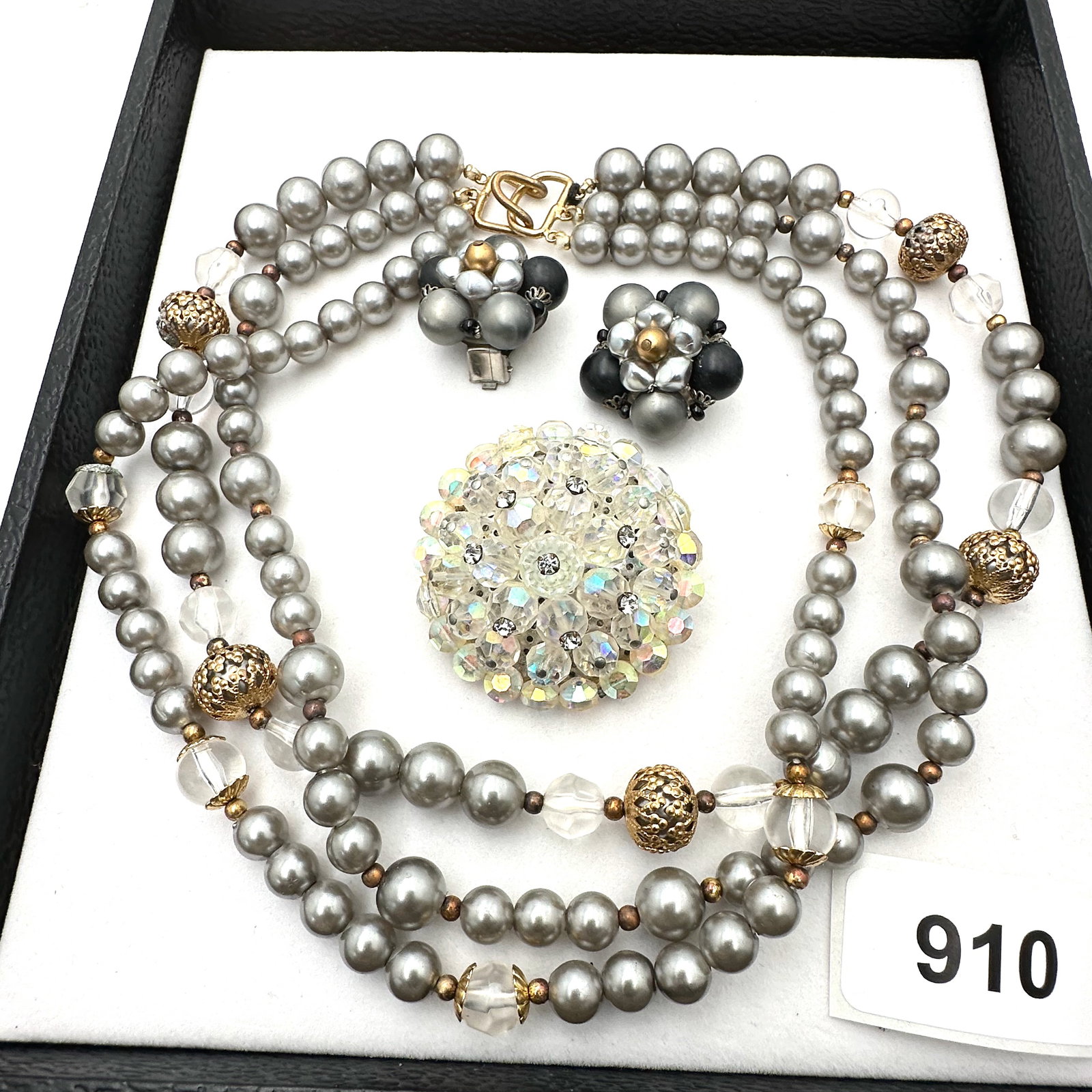 Vintage Group Jewelry Lot Grey Faux Pearl and Crystal Bead Triple Strand Necklace Coordinating: Vintage Group Jewelry Lot Grey Faux Pearl and Crystal Bead Triple Strand Necklace Coordinating Earrings Brooch