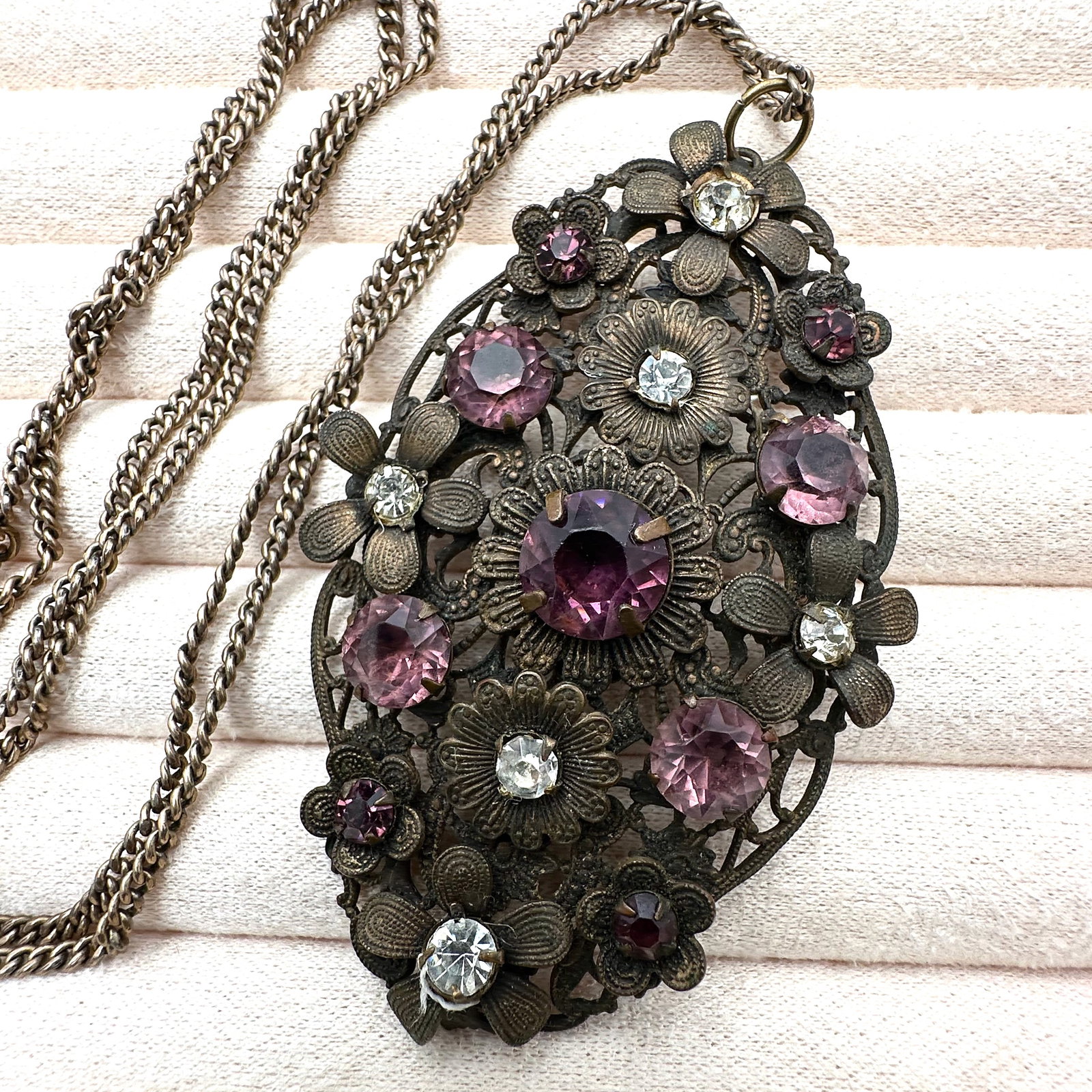 Antique Purple Czech Glass 3 Inch Pendant Necklace 26 Inch Chain (1 of 2)