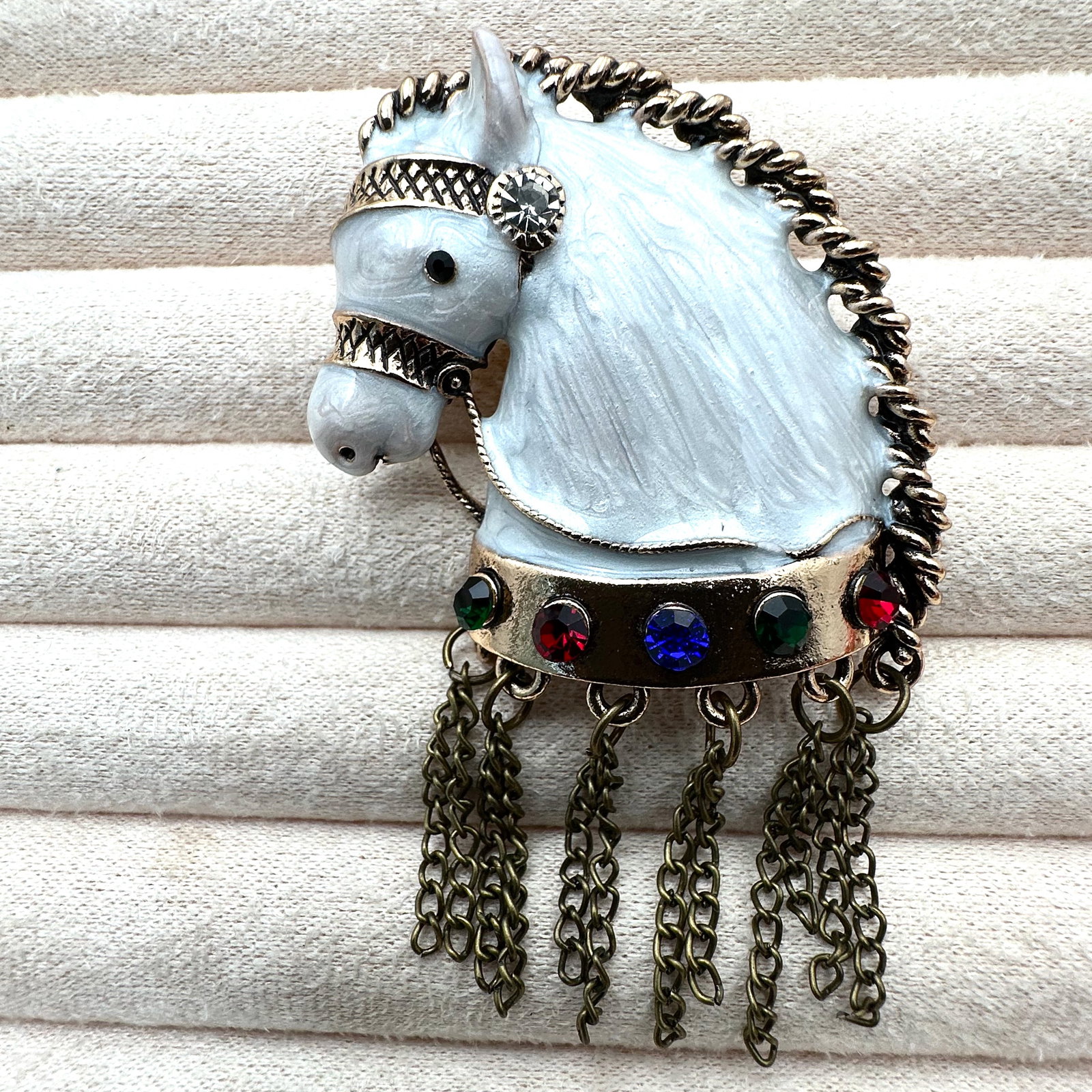 Jewel Tone Rhinestone White Enamel Horse Gold Tone Pin Brooch 3 Inch: Jewel Tone Rhinestone White Enamel Horse Gold Tone Pin Brooch 3 Inch