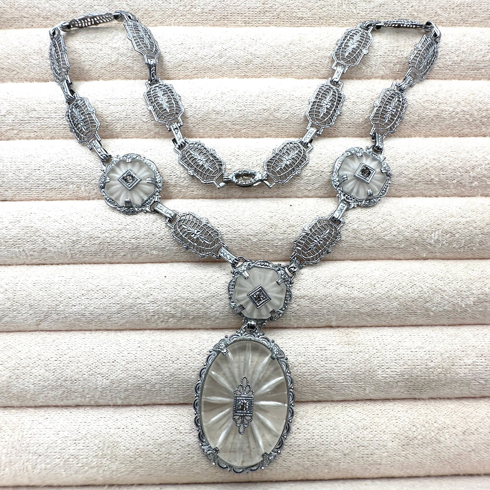 Vintage Rhodium Plated Silver Camphor Glass Necklace Petite Size 13 Inch Wearable Length (1 of 2)