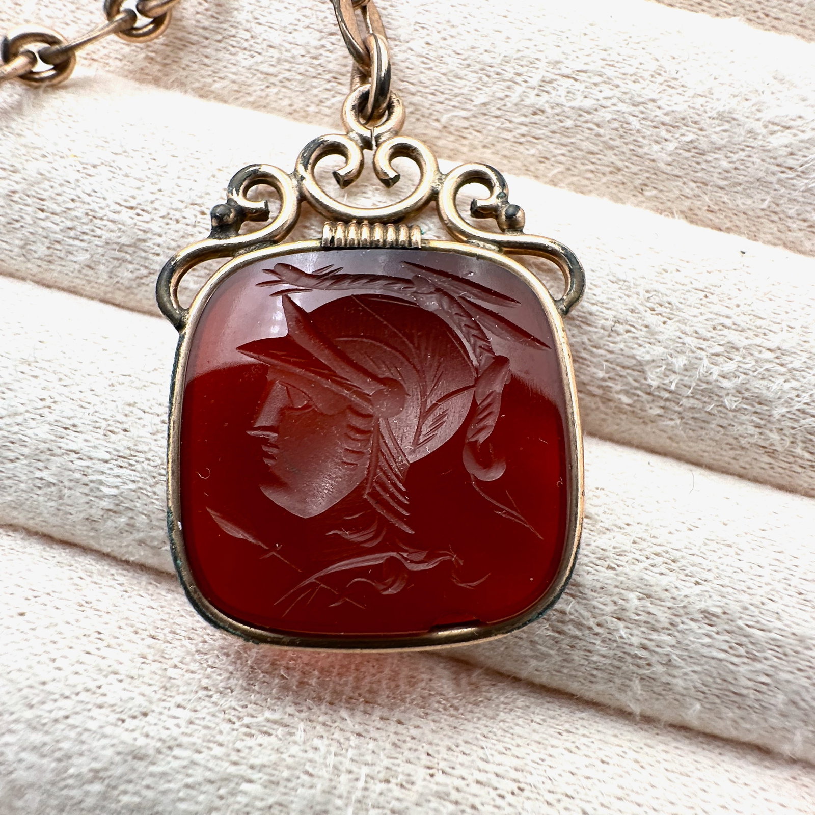 Antique Victorian Red Carnelian Intaglio Gold Filled Fob and Partial Pocket Watch Chain: Antique Victorian Red Carnelian Intaglio Gold Filled Fob and Partial Pocket Watch Chain