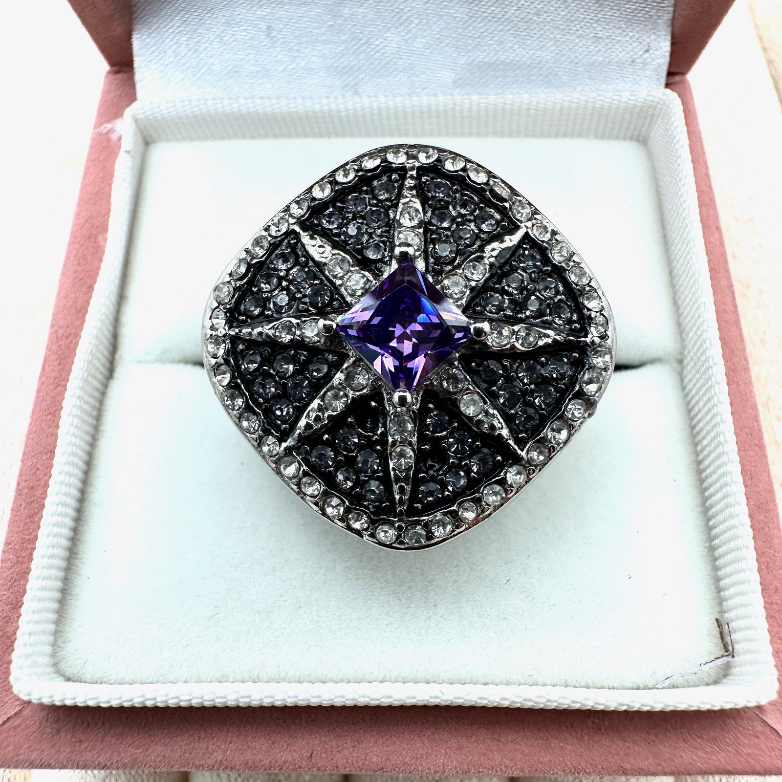 Purple Clear and Grey Crystal Silver Tone Statement Ring Size 9 Box Included (1 of 2)