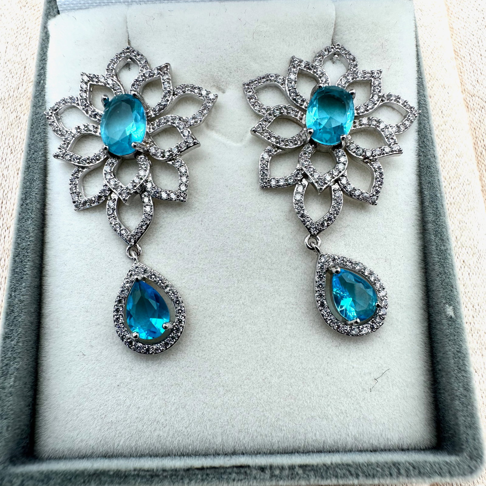 Blue and Clear Crystal Silver Plated Pierced Chandelier Earrings 1.75 Inch Box Included: Blue and Clear Crystal Silver Plated Pierced Chandelier Earrings 1.75 Inch Box Included