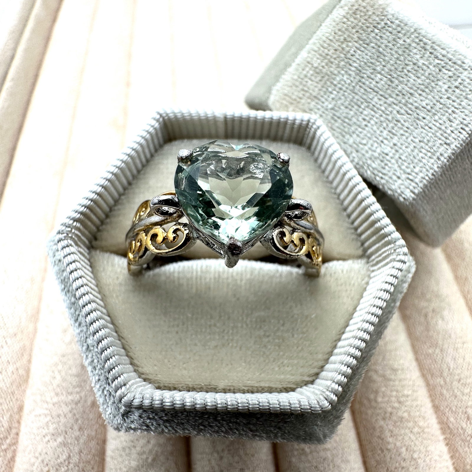 Light Green Prasiolite Heart Gemstone Gold and Silver Plated Filigree Ring Size 10 Box Included (1 of 2)