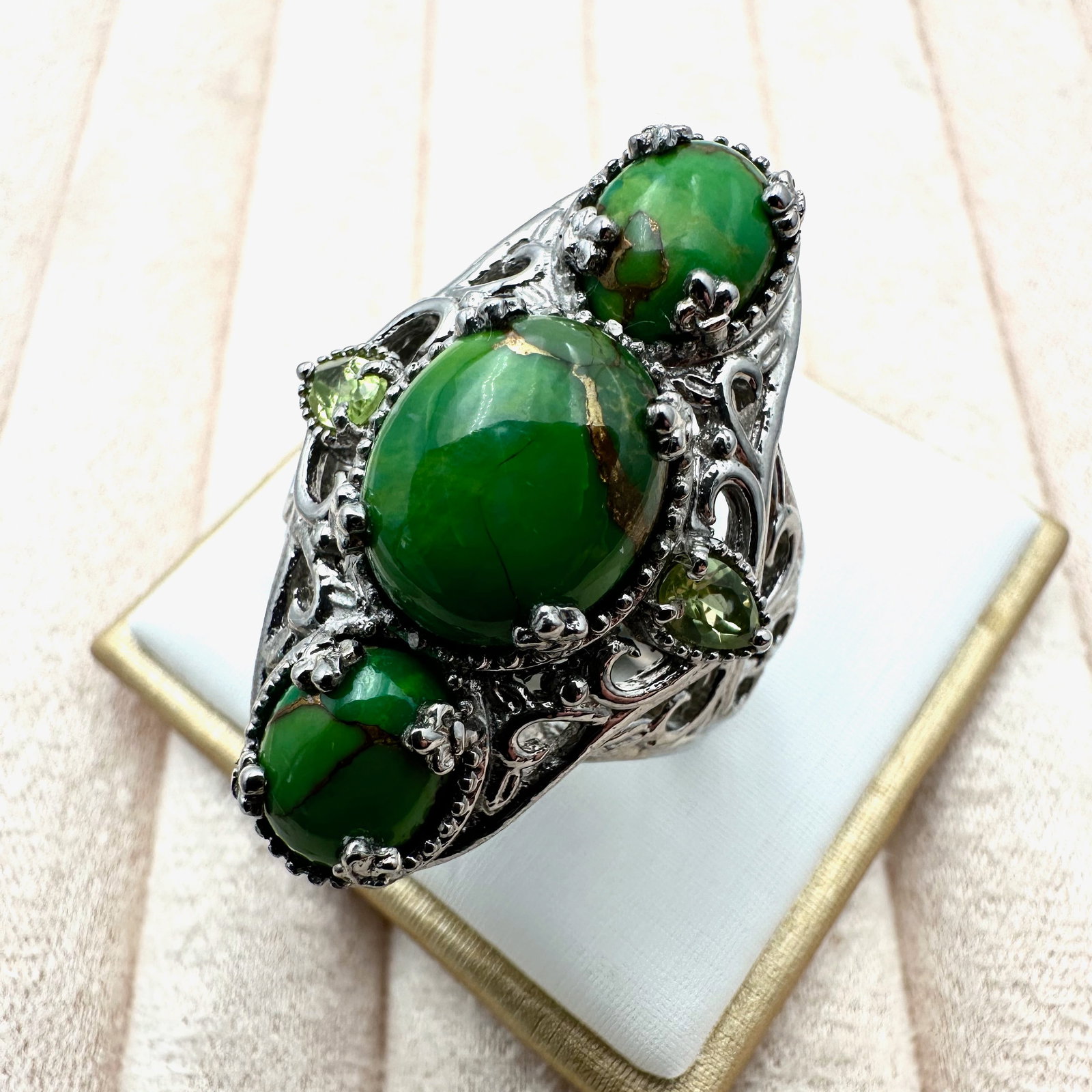 Green Mohave Turquoise and Peridot Gemstone Silver Plated Stainless Steel Ring Size 9: Green Mohave Turquoise and Peridot Gemstone Silver Plated Stainless Steel Ring Size 10
