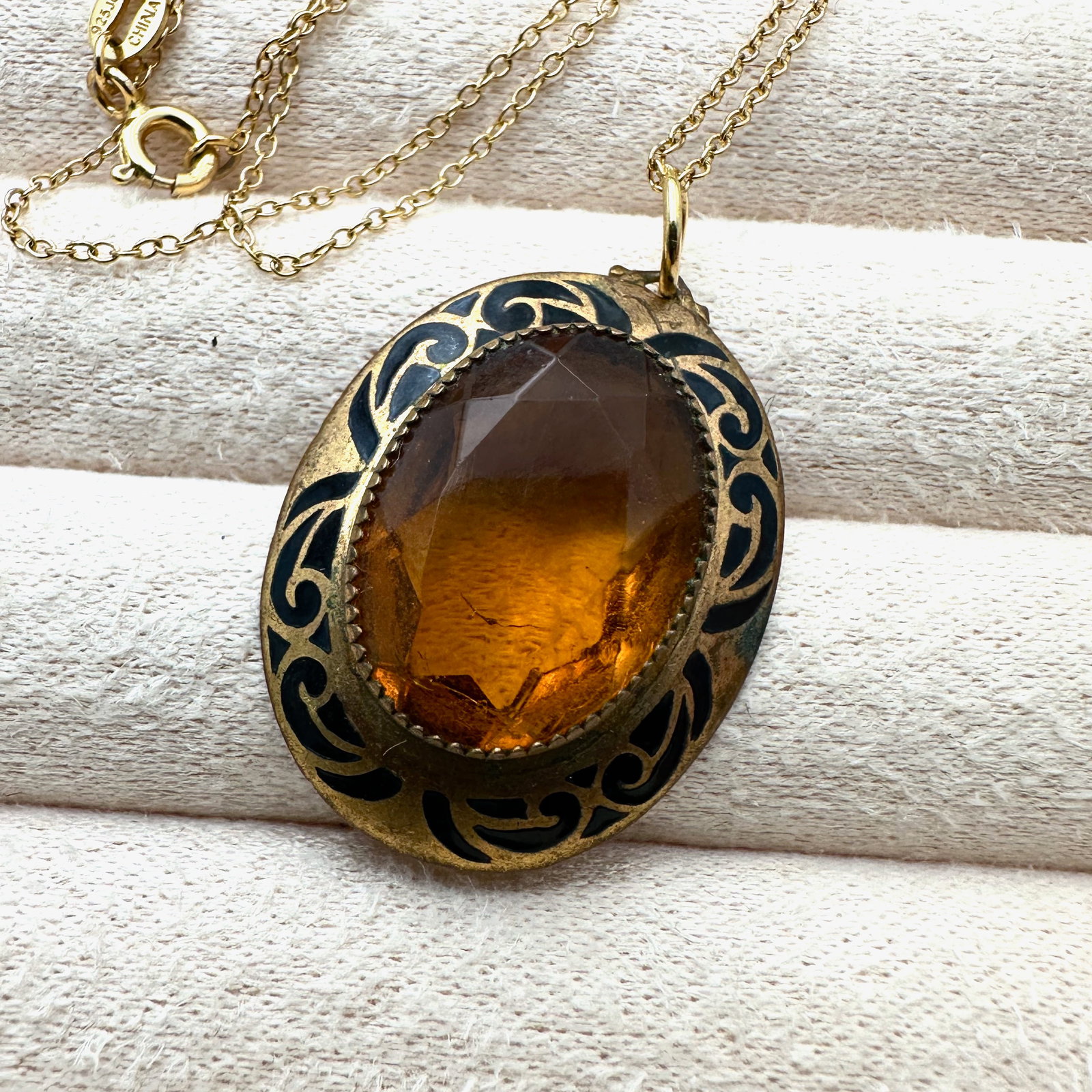 Vintage Amber Colored Czech Glass Black Enamel Pendant Necklace Gold Filled Chain 16 Inch: Vintage Amber Colored Czech Glass Black Enamel Pendant Necklace Gold Filled Chain 16 Inch