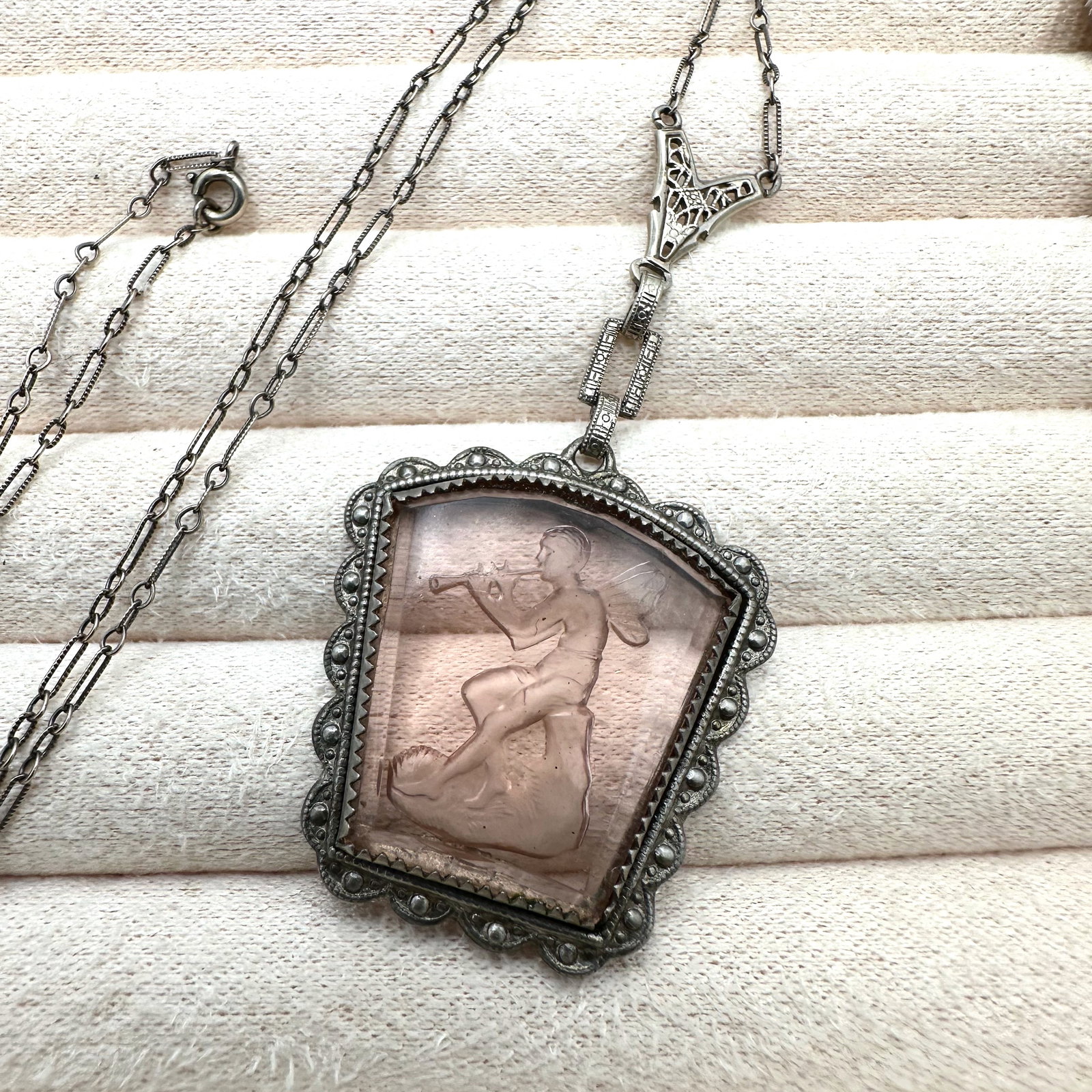 Antique Pink Intaglio Glass Sterling Silver Filigree Necklace 16 Inch Wearable Length Box Included: Antique Pink Intaglio Glass Sterling Silver Filigree Necklace 16 Inch Wearable Length Box Included