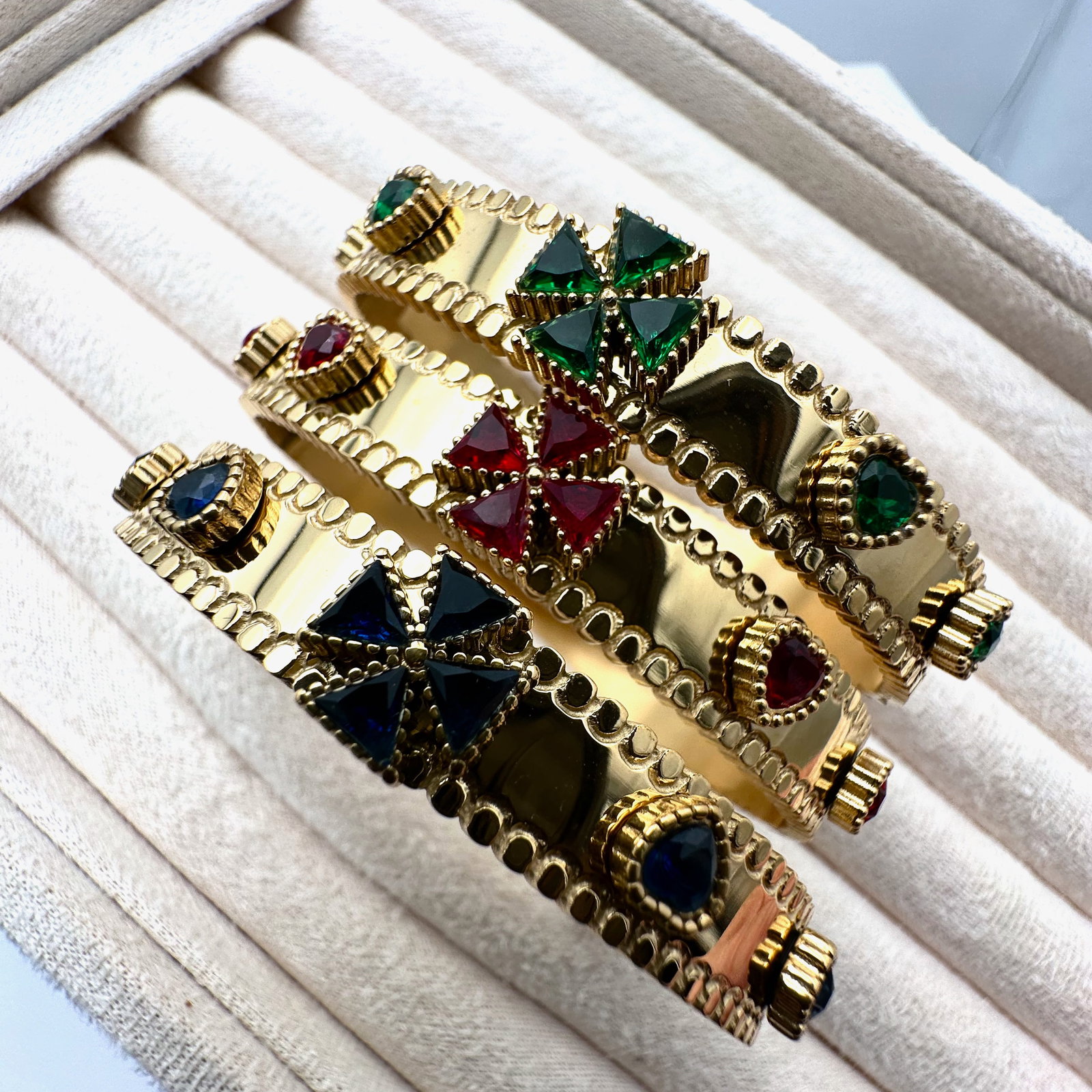Group Lot of Three Red Blue Green Rhinestone Maltese Cross Design Gold Plated Stacking Bracelets (1 of 2)