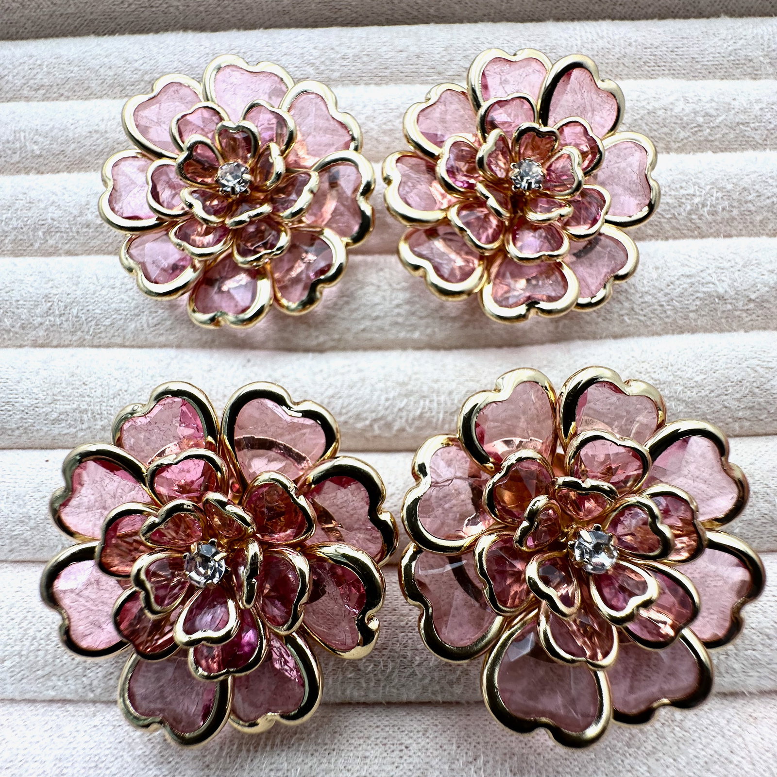 Group Lot of Four Camelia Flower Design Pink Crystal Gold Plated Button Covers (1 of 2)