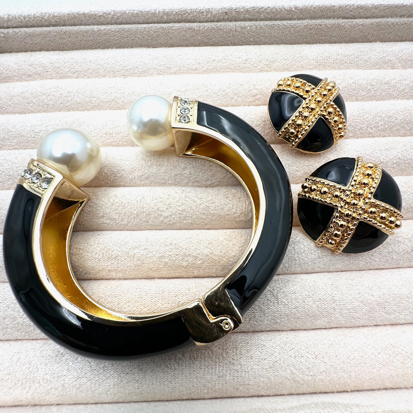 Black Enamel Clear Crystal Faux Pearl Hinged Bangle Bracelet and Clip Earrings Set (1 of 2)