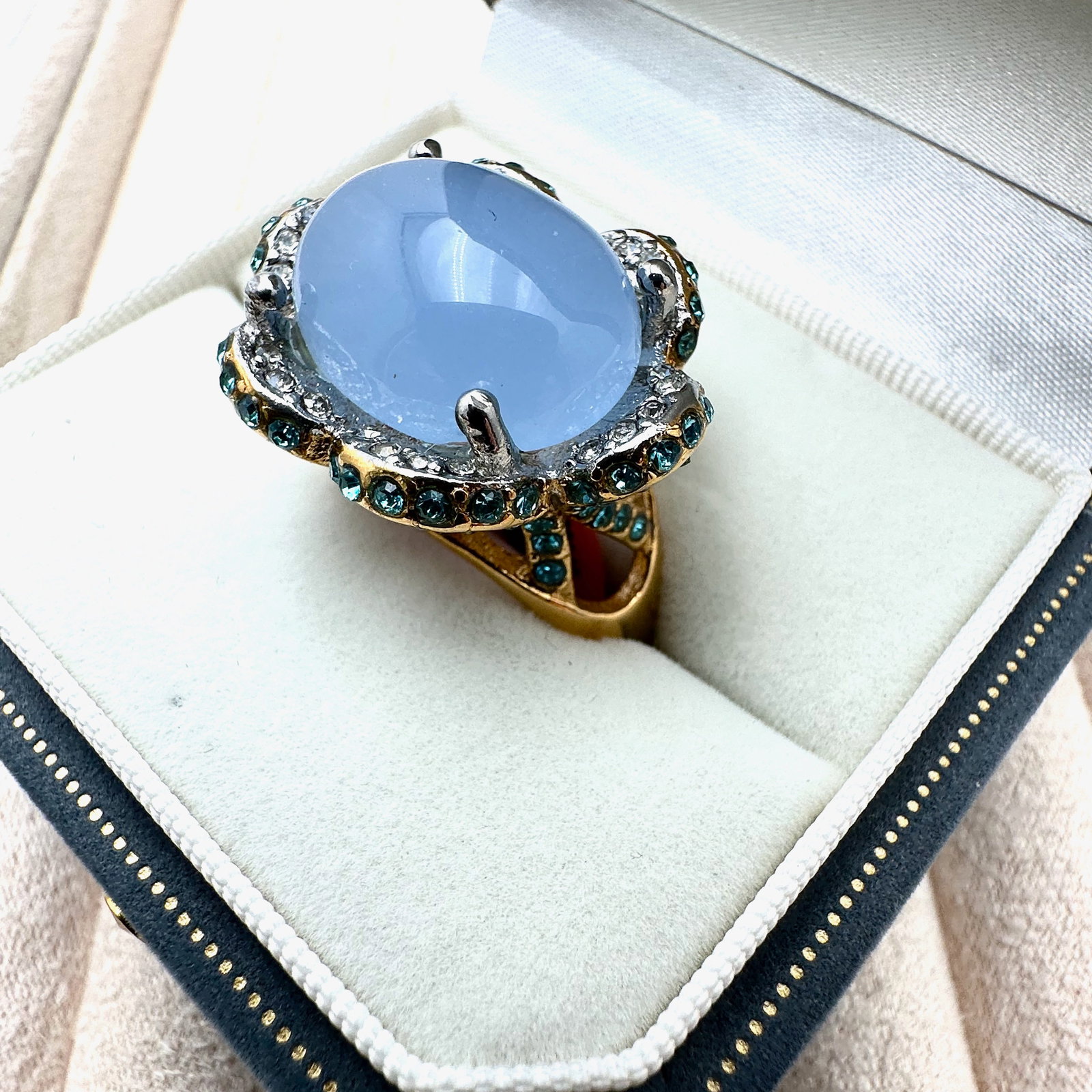 Blue Gemstone Gold Plated Stainless Steel Statement ring Size 10 Box Included (1 of 2)