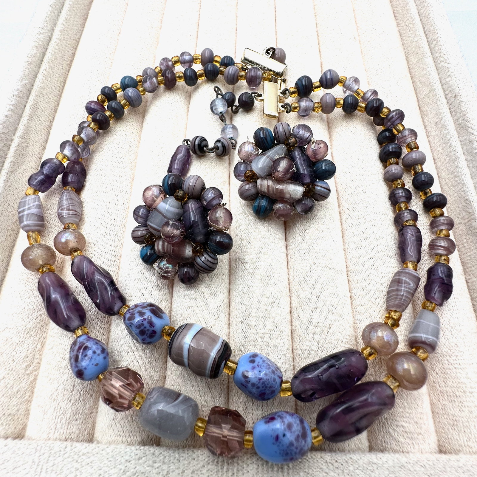 Vintage Double Strand Purple Art Glass Bead Necklace 16 Inch & Clip Earrings: Vintage Double Strand Purple Art Glass Bead Necklace 16 Inch & Clip Earrings