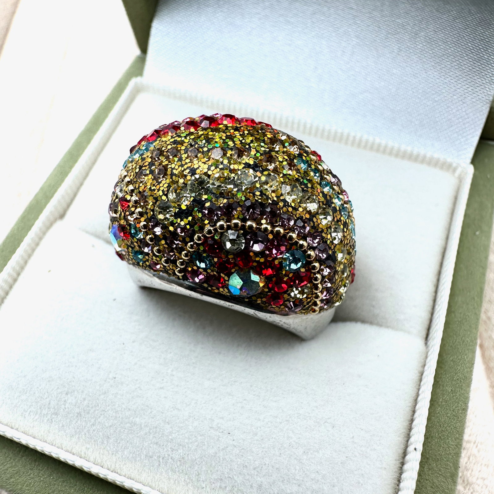 Multicolor Inlay Crystal Domed Silver Plated Ring Size 7 Box Included (1 of 2)