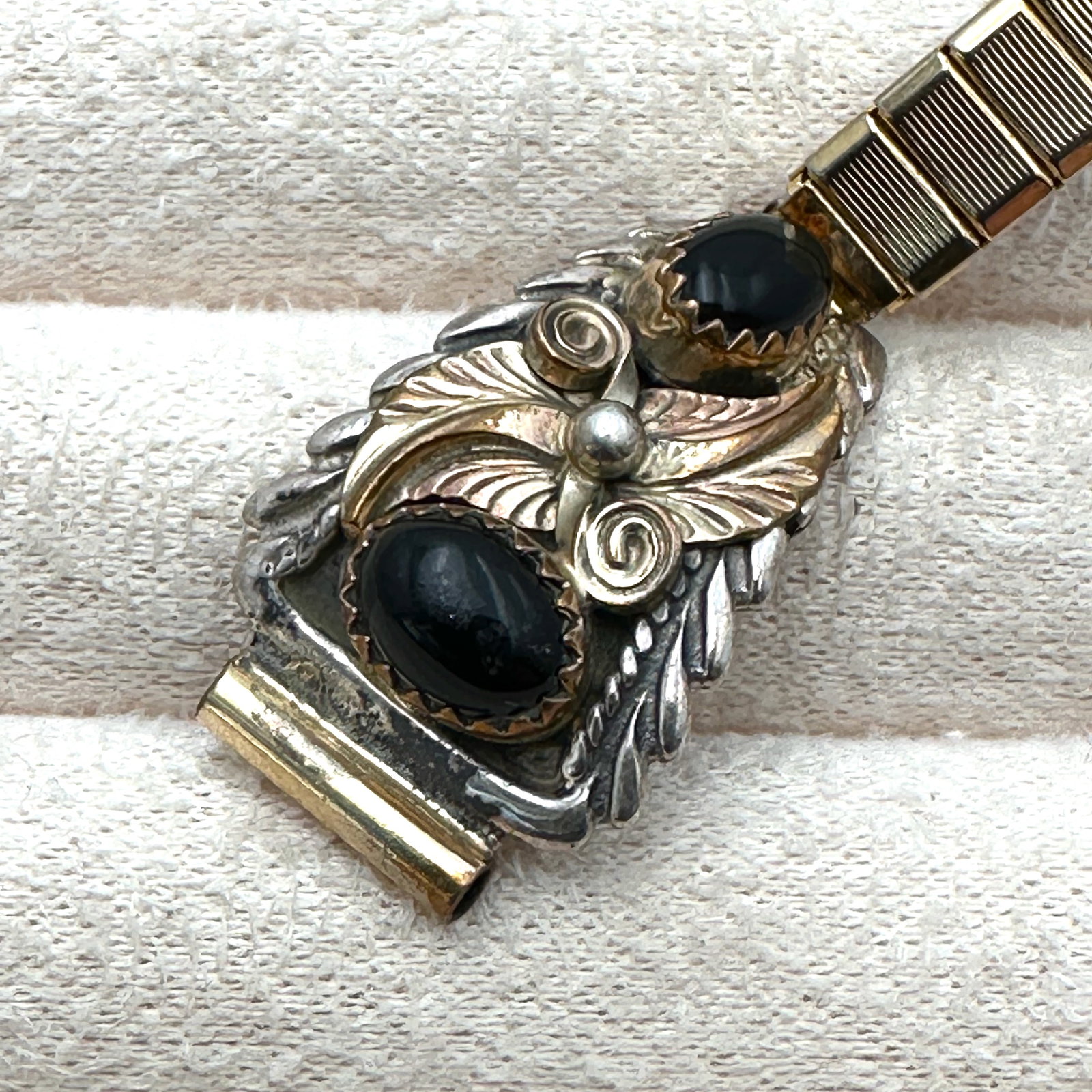 Vintage Native American Black Onyx Sterling Silver Watch Cuffs Gold Accents Each Cuff 1 Inch (1 of 3)