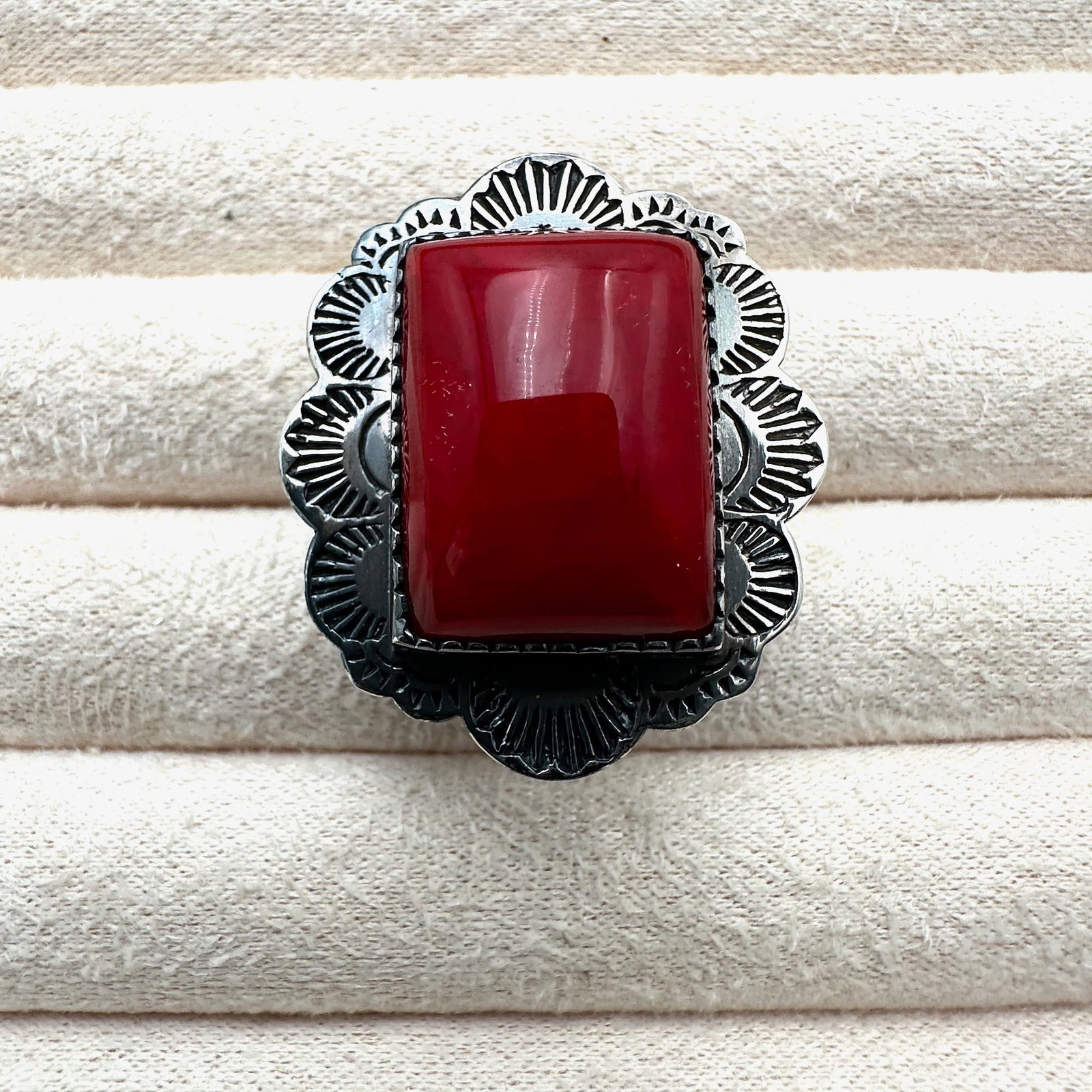 Vintage Red Coral Sterling Silver Ring Size 10 Face of Ring 1.5 Inch Across Weight 10 Grams